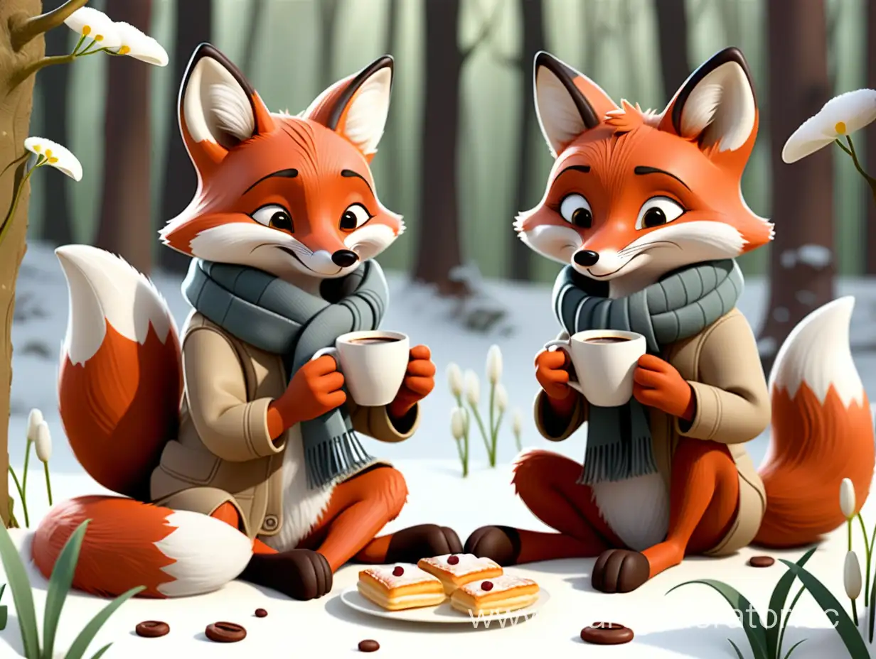Happy-Cartoon-Foxes-Enjoying-Coffee-and-Pastries-in-Snowy-Forest-Clearing