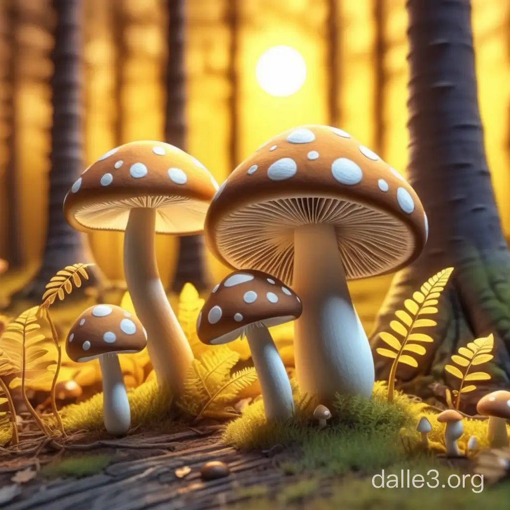 Draw realistic mushrooms growing in the forest at sunset in a cartoon-style 3D. The background should be in yellow tones. Realistic. High level of detail.