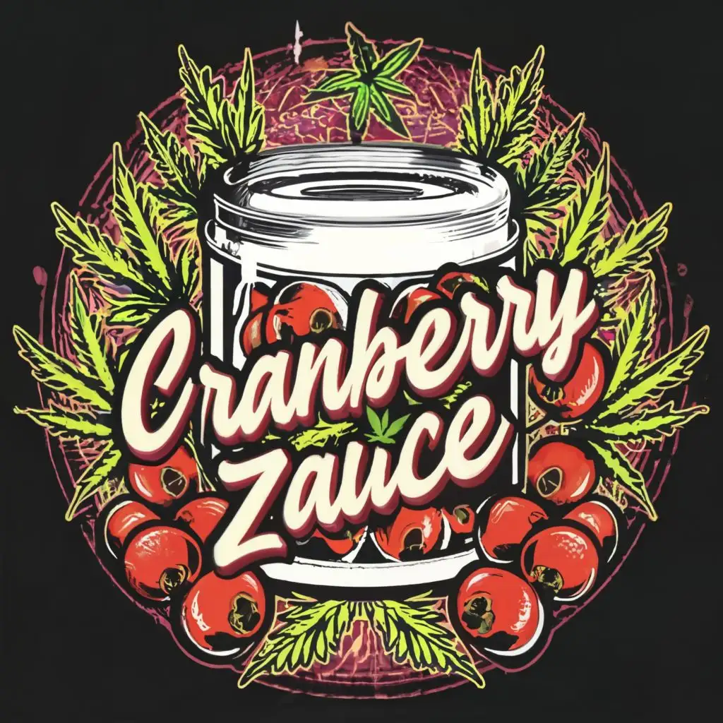 sticker logo, tin can of cranberry sauce with cranberries, cannabis leaves and bright neon colors, with the text "CRANBERRY ZAUCE", typography