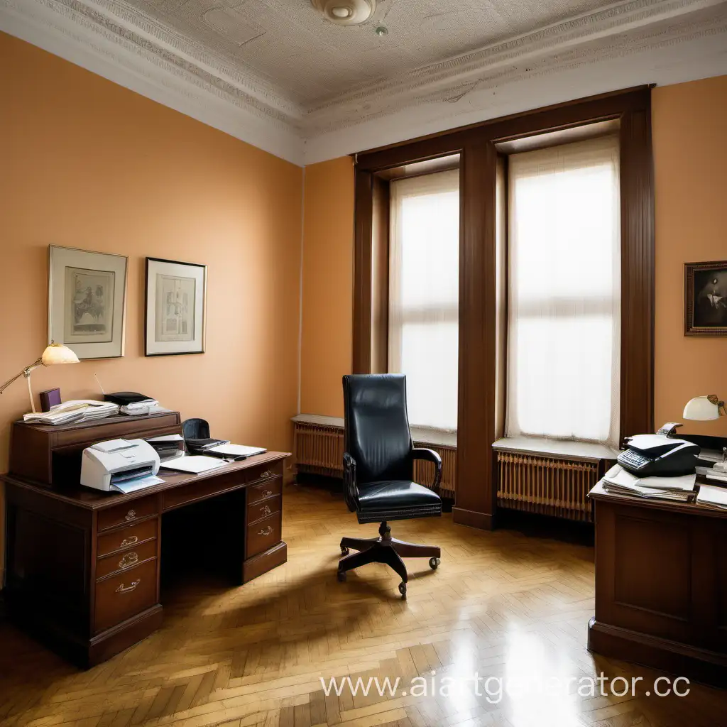 Secretarys-Office-Interior-with-Walnut-Desk-and-Peeling-Peach-Wallpaper