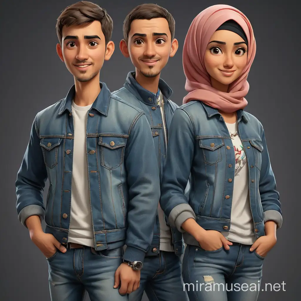 Create realistic 3D two male caricature, 3D, oil painting caricature, short hair, wearing casual clothes with jeans jacket, and female with hijab,dark and bright solid background