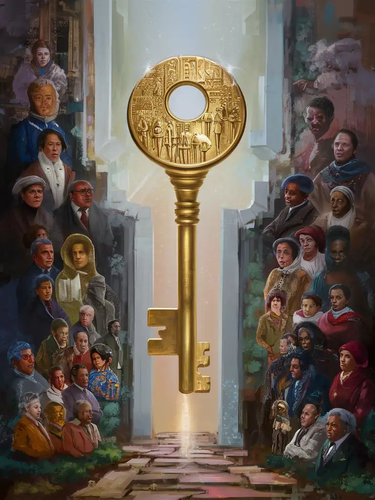 An intricate and mystical digital painting showcasing a golden key hovering in mid-air, its surface inscribed with representing the diversity of lost leaders and their legacies. As the key hovers, it emits a soft glow that illuminates a path towards a hidden doorway, symbolizing the potential for unity and reconciliation through unlocking the wisdom and potential inherent in the collective heritage of humanity.