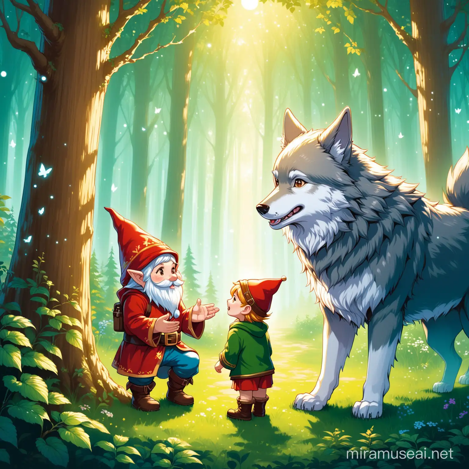 a little gnome talks to a wolf in a magical forest
