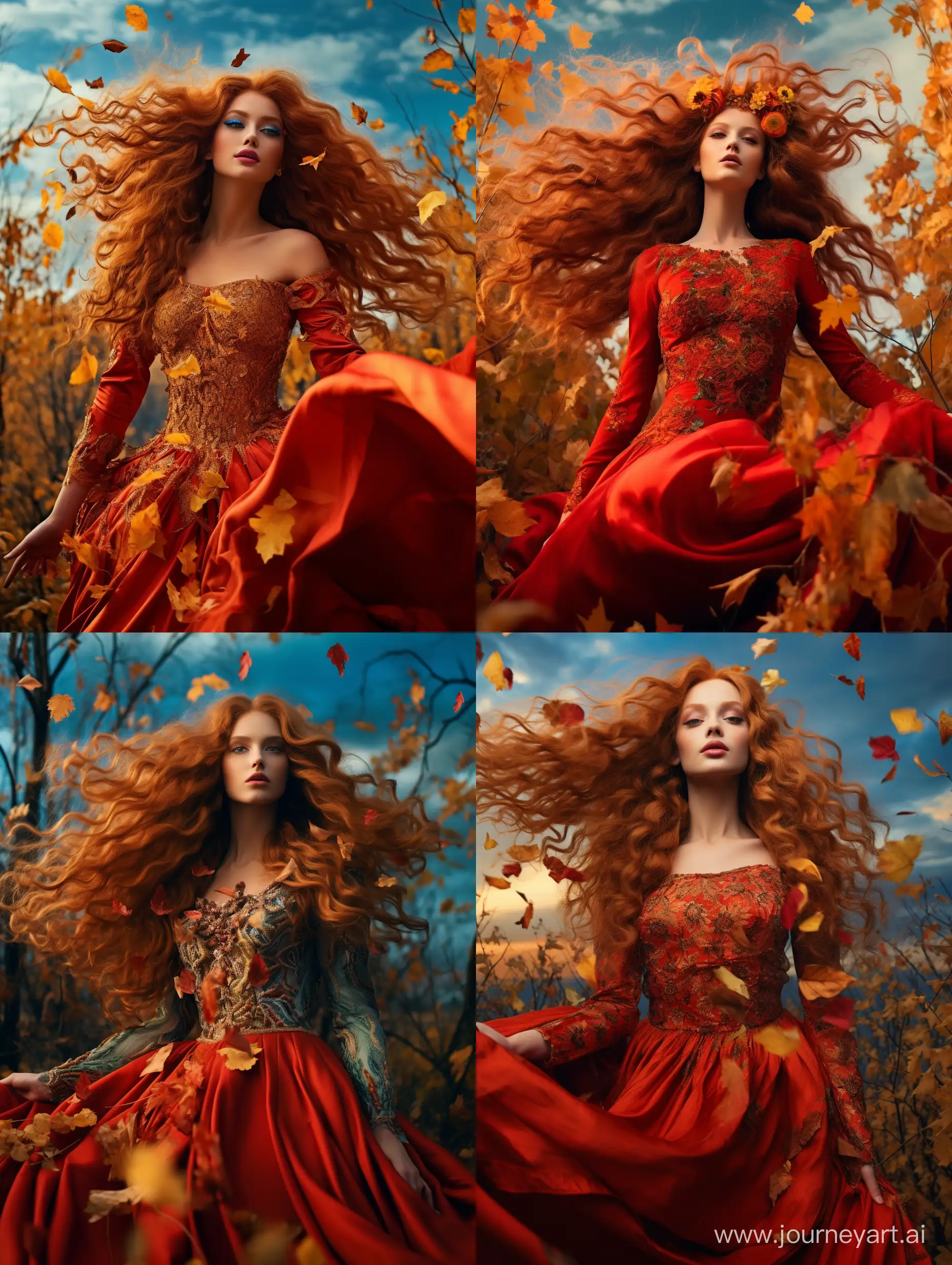 Королева-осень, невероятно красивая девушка в полный рост, с рыжими кудрявыми длинными волосами, на голове венок из красных и желтых листьев, в платье из листьев в осеннем лесу, красивый пейзаж на фоне, синее небо, золотые облака, летают листья, продолжение платья из листьев, завихряются у подола платья, неоновые зрлотые переливы, высокое разрешение, эстетично, красиво, яркое освещение? фотореализм