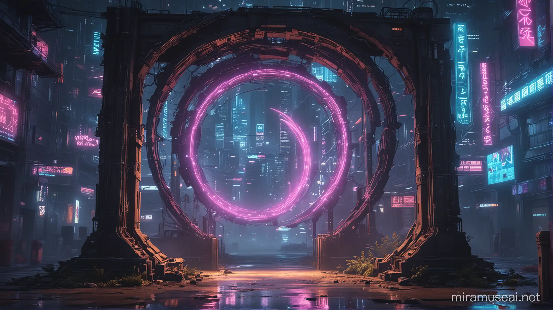 magical portal in a cyberpunk night city environment