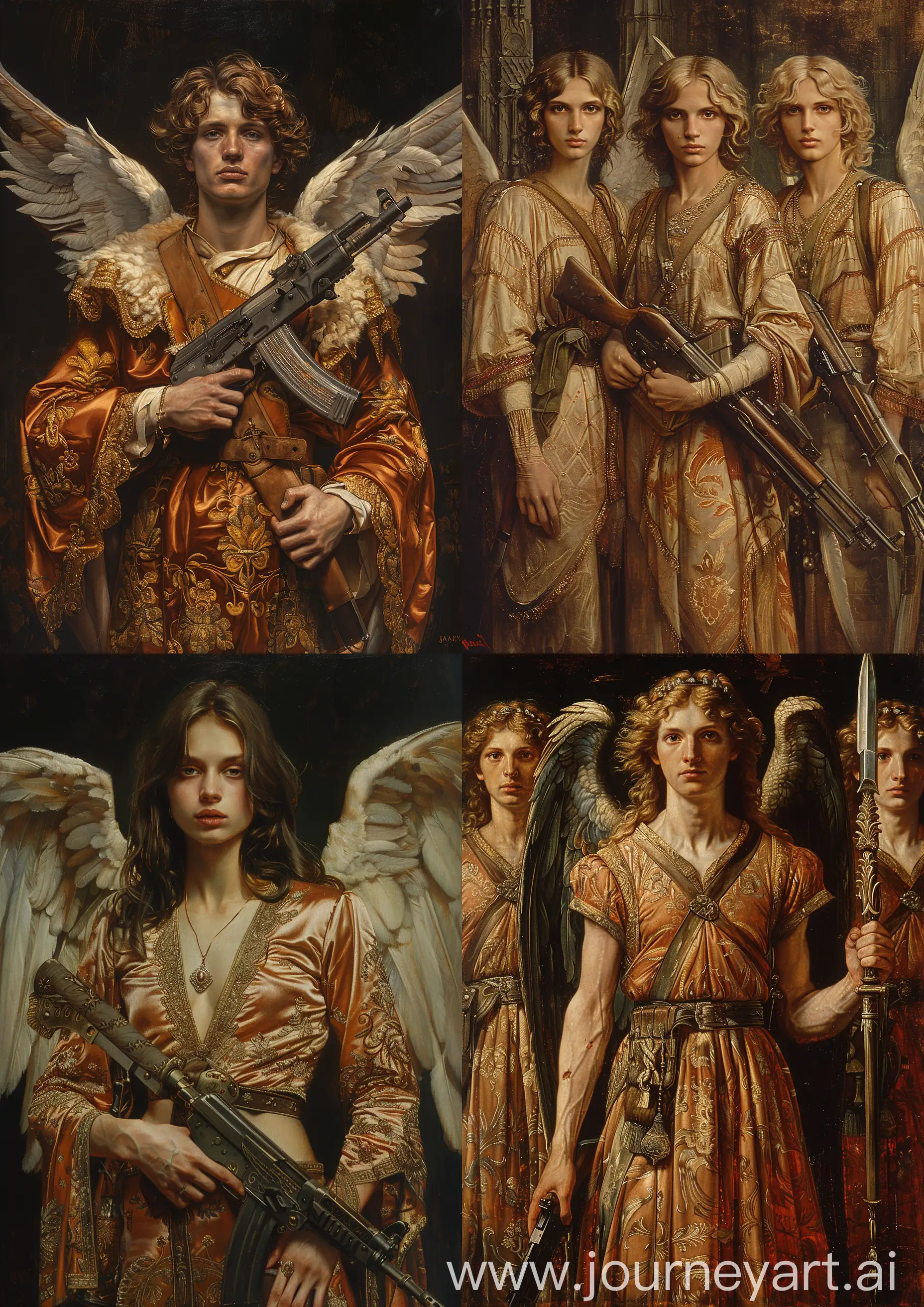 Edward Burne-Jones painting of  male angels warriors in ornate silk robes, one of thenm welding an AKA 47, earth tones, detailed --c 22 --s 750 --v 6.0 --ar 5:7