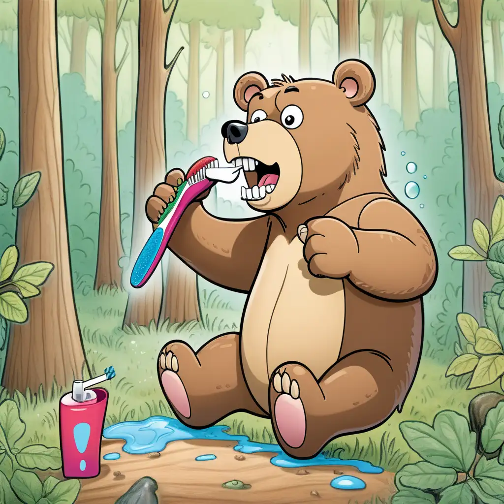 a colored page A very funny bear brushing its teeth with a giant toothbrush in the forest
