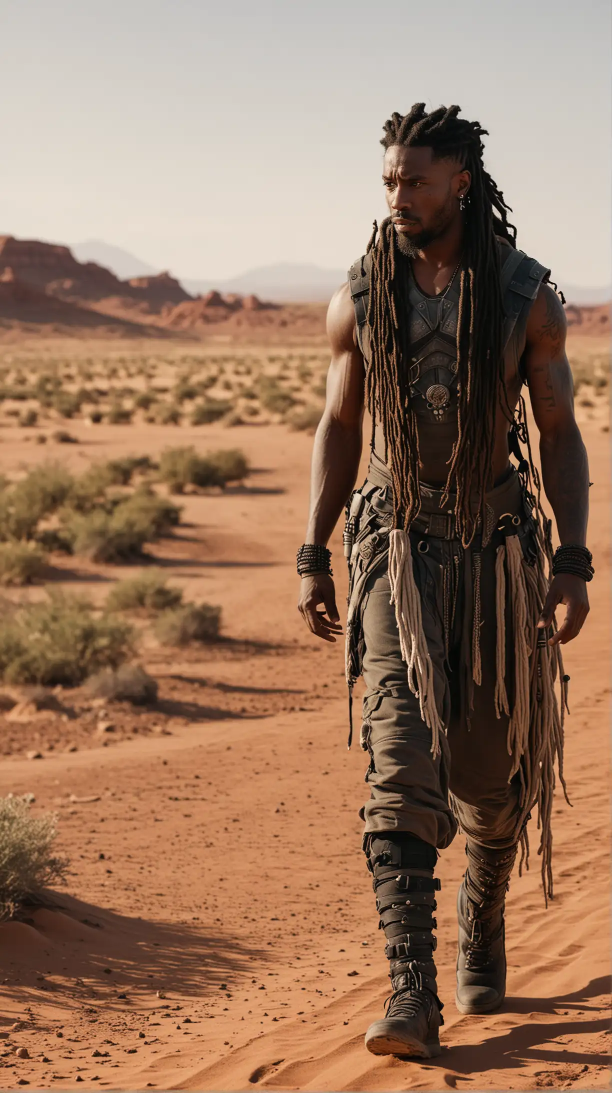 Full frame photo of black man with long dreads in cotton warrior armor walking in dessert shot on 85mm 1.4 8k resolution