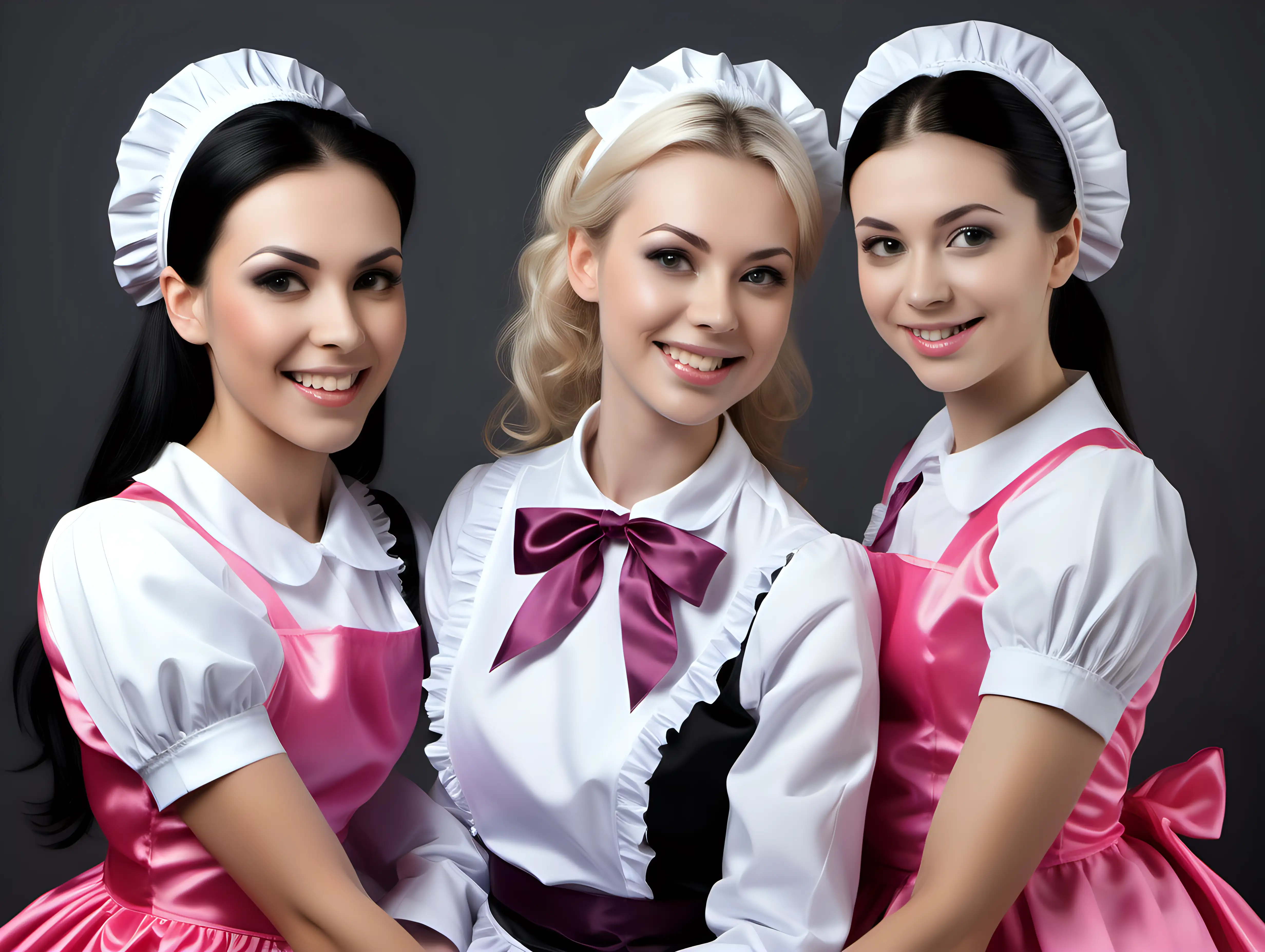 two black and blonde hair  mothers and their black hair litle daughters in satin dark pink english maid uniforms smiled by their mistress dental