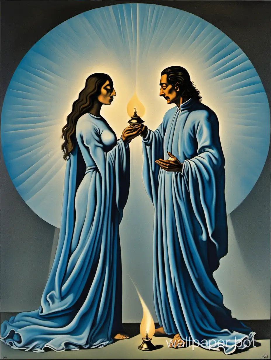 standing back to each other in gently flowing blue clothes, a man and a woman. The man holds a bell in folded palms in front of his chest, and vibrations, circular and radiant, emanate from it in all directions. The woman holds a candle in folded palms, and the candle's flame illuminates everything around with glowing vibrations of light, in the style of Salvador Dali