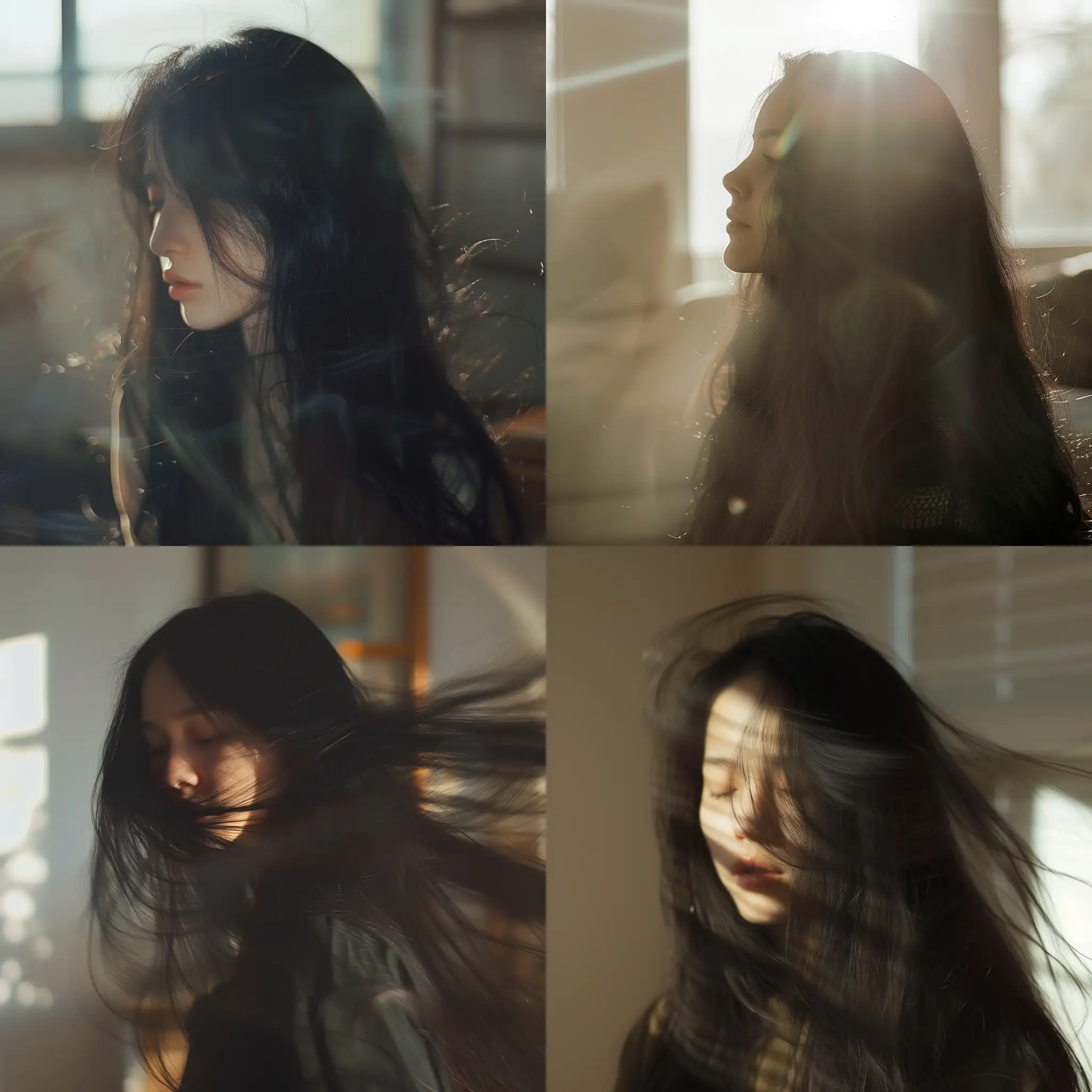 girl with long black hair in a sunlit room blurry aesthetic profile picture