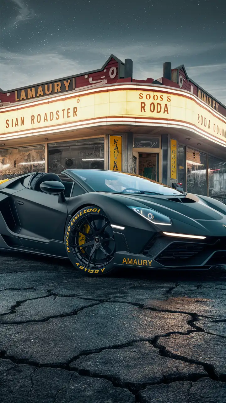 A spectacular, high-quality rendering of a 2024 Lamborghini Sian Roadster painted in matte black, parked in front of a 1950s-inspired soda fountain-themed restaurant. The car's sides feature bright yellow labels reading "Amaury." The cracked asphalt beneath showcases textures reminiscent of the 1960s rock and roll era, creating an authentic movie-like atmosphere. The stunning design of the vehicle is accentuated by its Brembo calipers on the black tires with yellow lines, highlighting the car's impressive power. The breathtaking scene unfolds against a clear night sky with scattered stars, giving this 3D rendering a cinematic touch and evoking the excitement of the 1960s era.