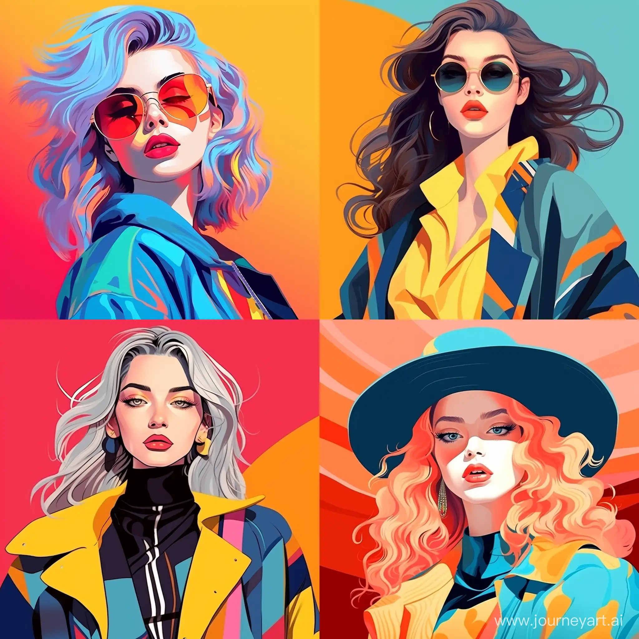 colorful fashion portrait, low contrast cold color palette, mode fashion look, high fashion pose, in cartoon style