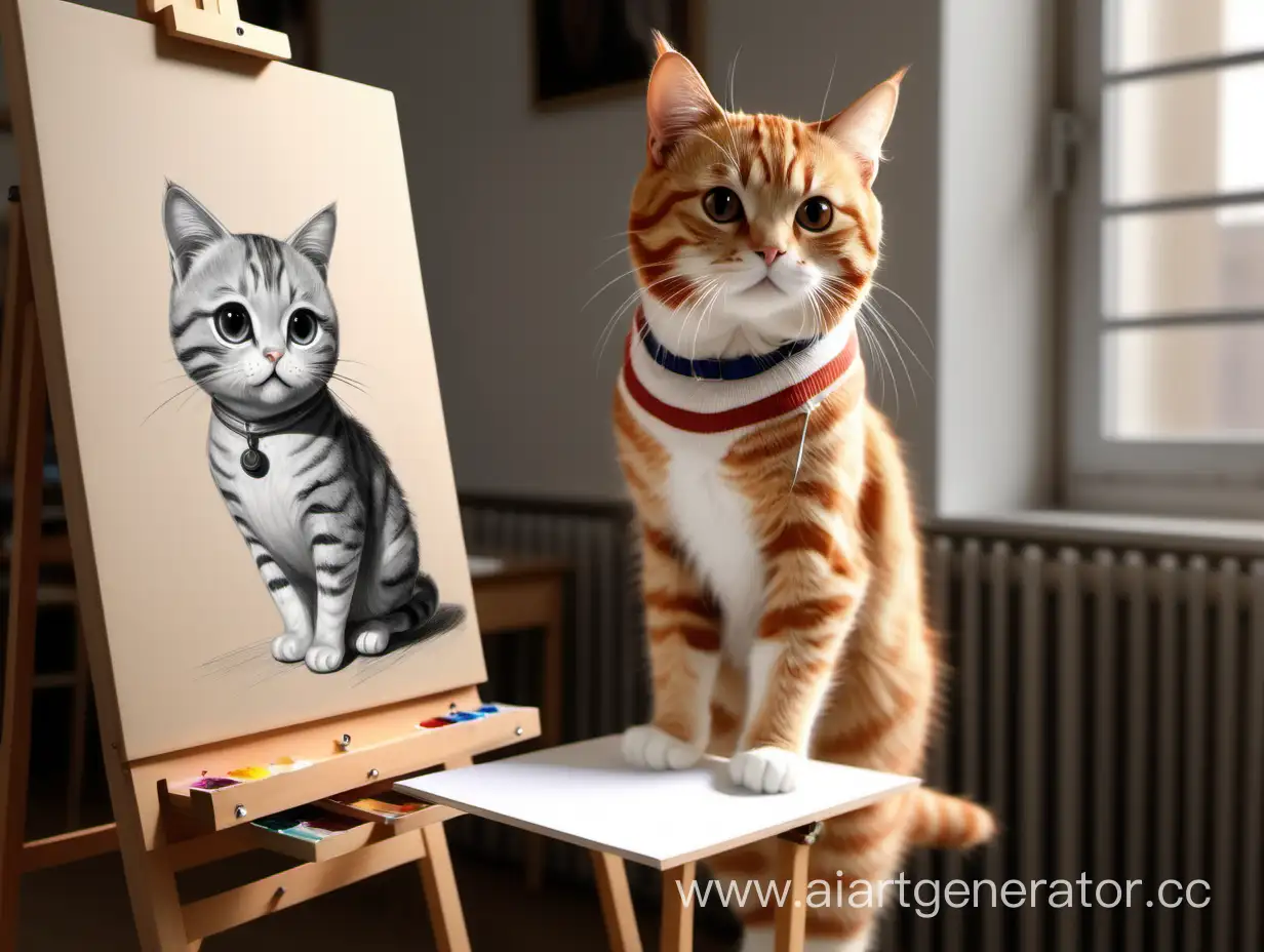 реалистичный Милый кот в роли студента художника что-то рисует на мольберте в студенческой аудитории