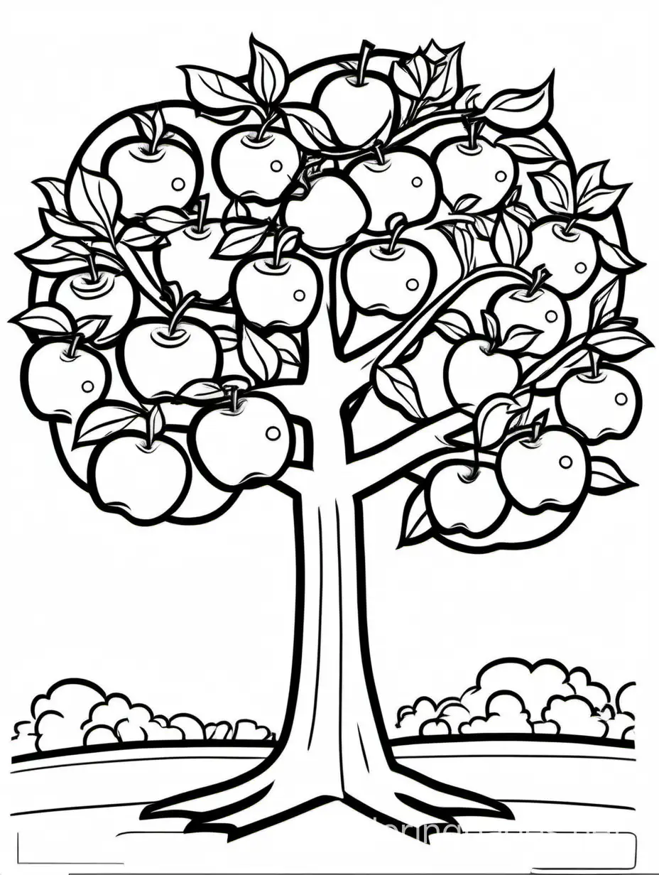 A apple tree with apples in outside, Coloring Page, black and white, line art, white background, Simplicity, Ample White Space. The background of the coloring page is plain white to make it easy for young children to color within the lines. The outlines of all the subjects are easy to distinguish, making it simple for kids to color without too much difficulty., Coloring Page, black and white, line art, white background, Simplicity, Ample White Space. The background of the coloring page is plain white to make it easy for young children to color within the lines. The outlines of all the subjects are easy to distinguish, making it simple for kids to color without too much difficulty