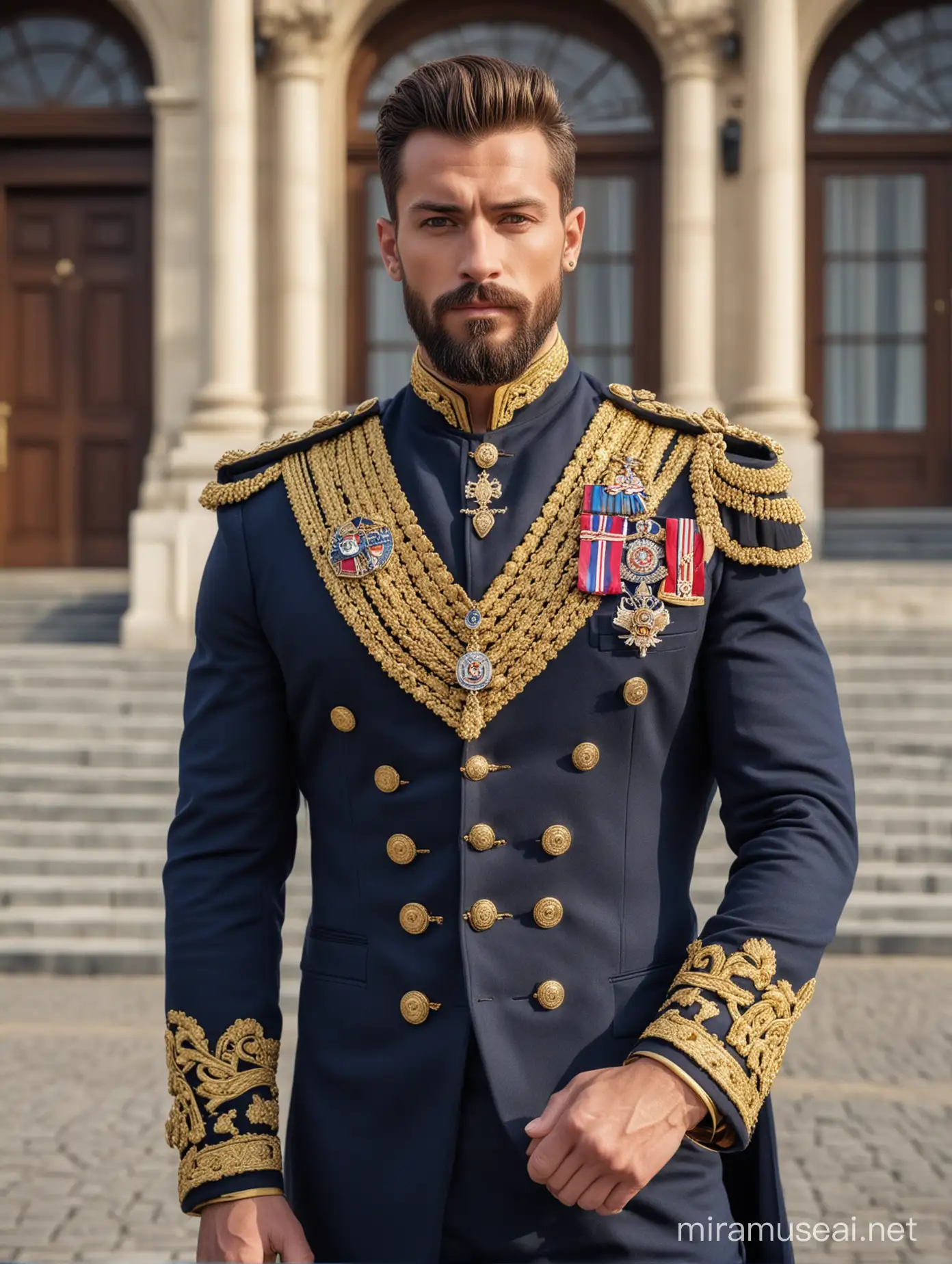 Tall and handsome bodybuilder king with beautiful hairstyle and beard with attractive eyes and Broad shoulder and chest in royal Navy and golden cavalry suit with navy cape, necklace and badges standing outside palace