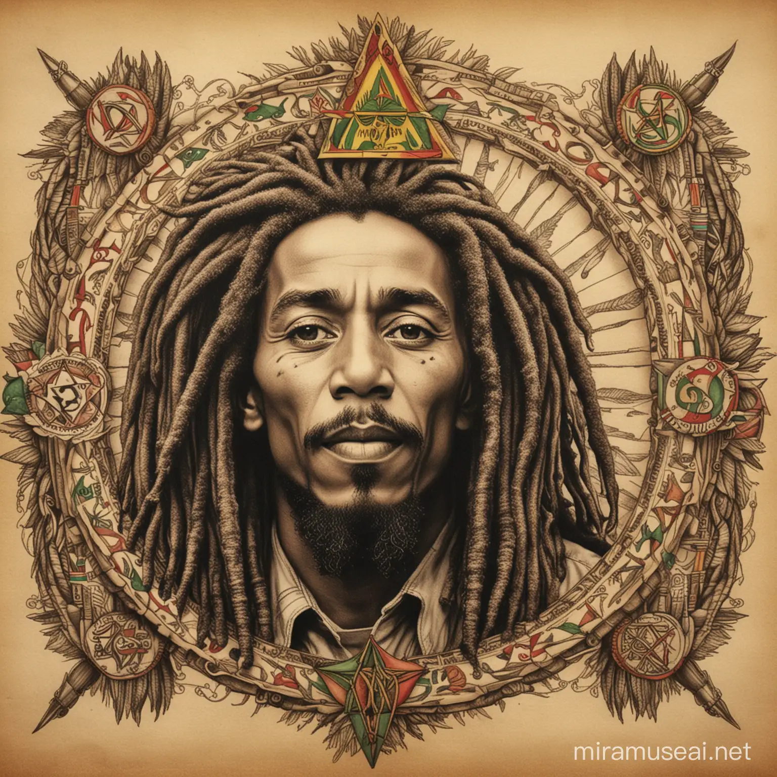 bob Marley drawing with Rastafarian symbols