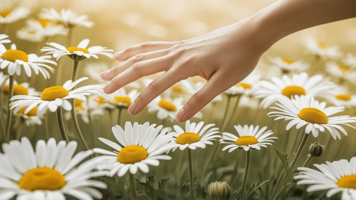 Hand reaching out to touch the petals of a daisy.