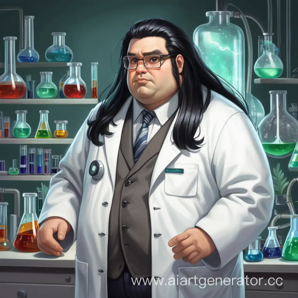 Учёный мужчина с не очень длинными черными волосами, с очень маленькими, толстый. 