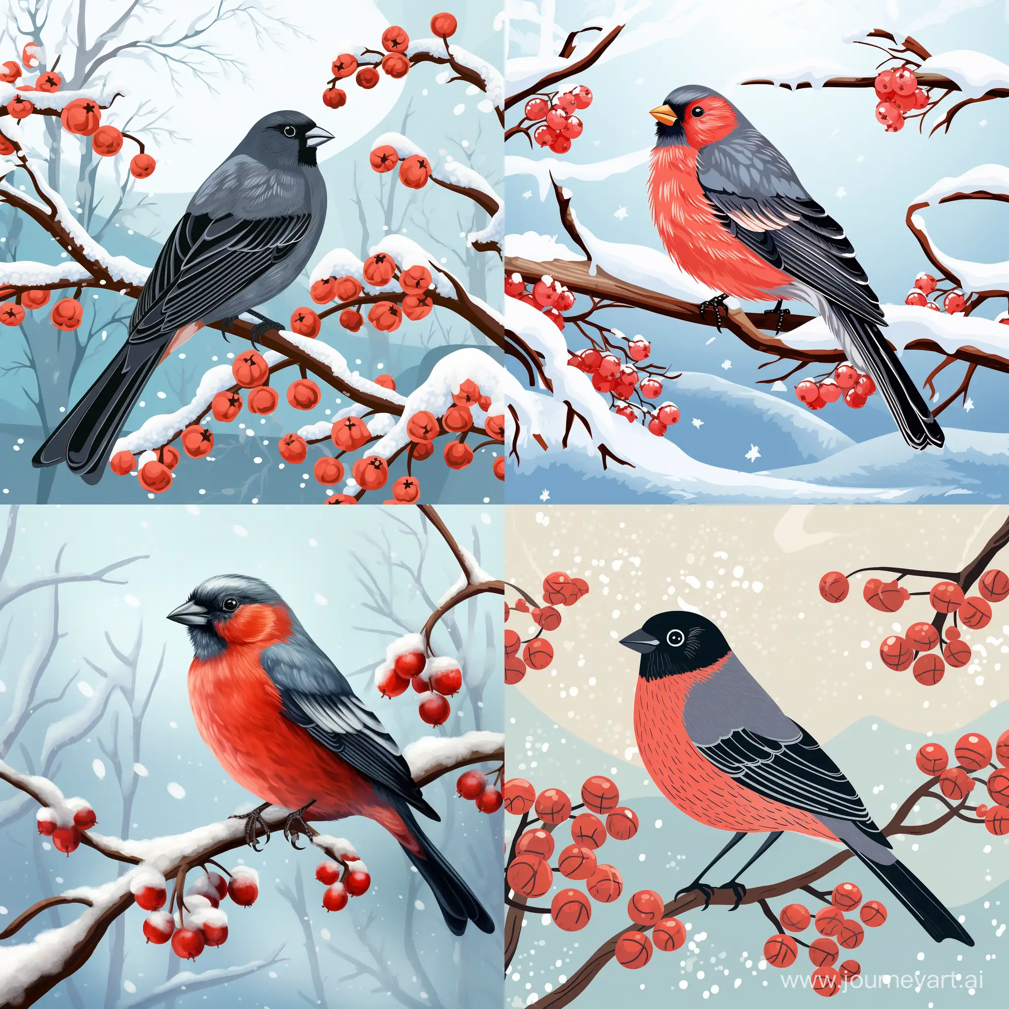 Charming-Snowy-Cartoon-Scene-with-Winter-Rowan-Bullfinch-and-Snow