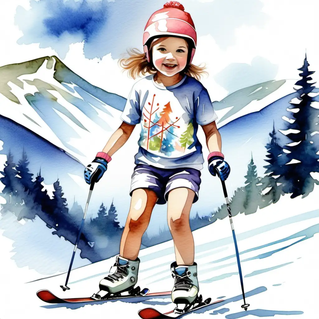 malovaná ilustrace,akvarel styl, vytvoř jak děti lyžují v tričku s krátkým rukávem, v sukni a kratkých kalhotách