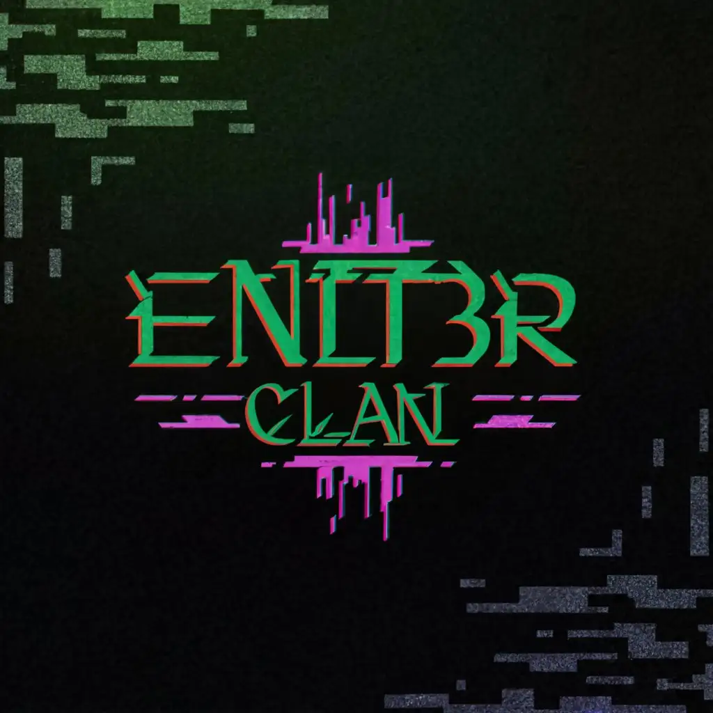 LOGO-Design-for-ENT3R-Clan-Glitchy-Style-with-Green-Purple-and-Dark-Blue-Hues-Featuring-Crossed-Swords-and-Minimalistic-Background