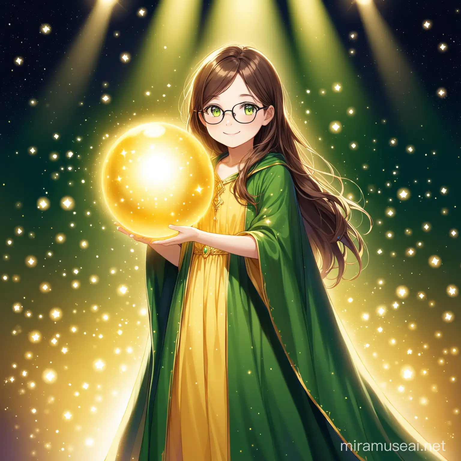 11 year old girl, long flowy brown hair, green eyes, black glasses, long yellow pretty dress, dark green mystical cloak, holding a golden glowing ball, smiling, on stage,
