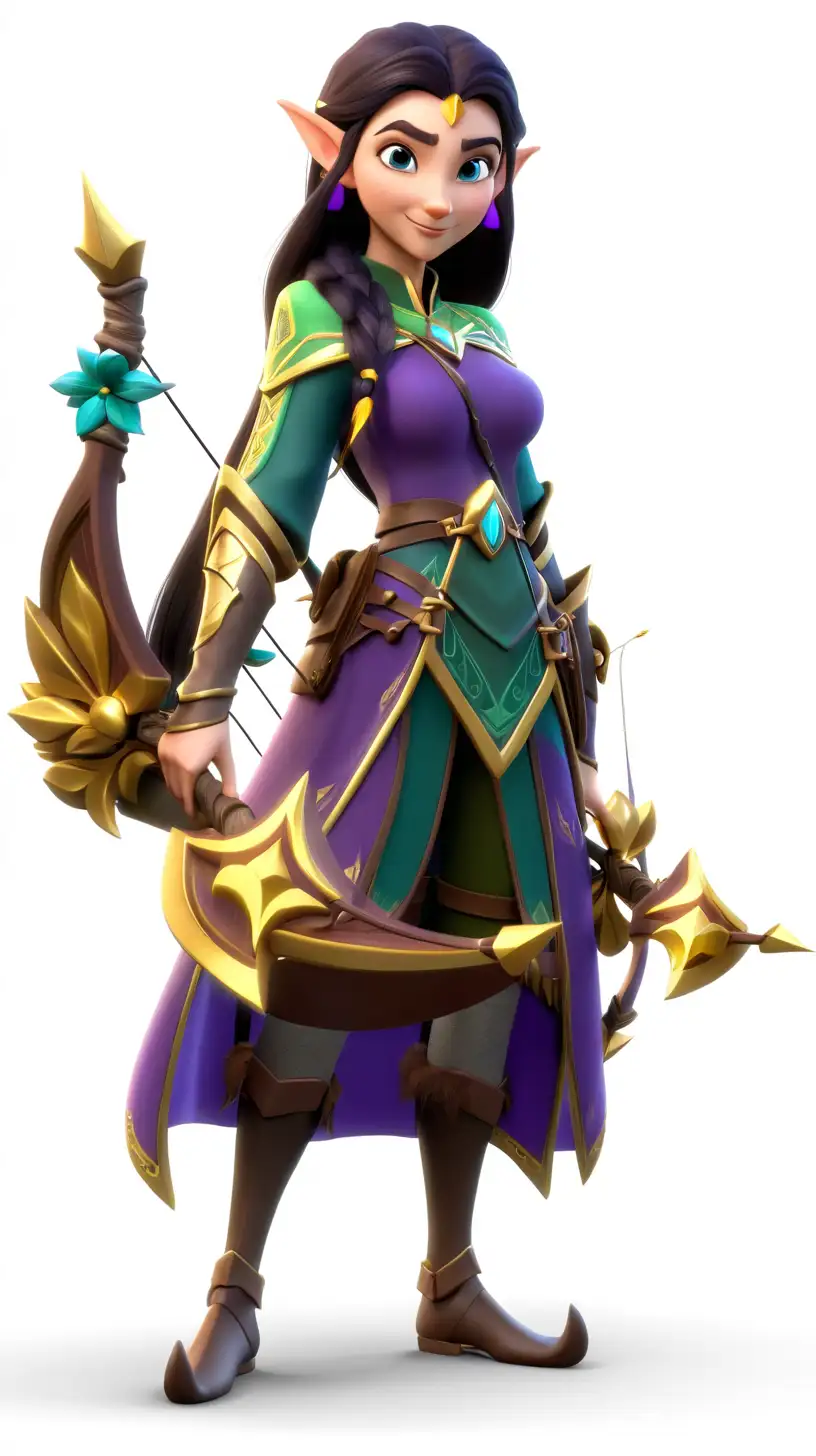 3D full body character model of an elf archer, wearing purple and teal fantasy with gold trim, holding an ornate bow in one hand with a quiver of arrows on their back, portrait, dark hair, headshot, in the style of a Pixar cartoon