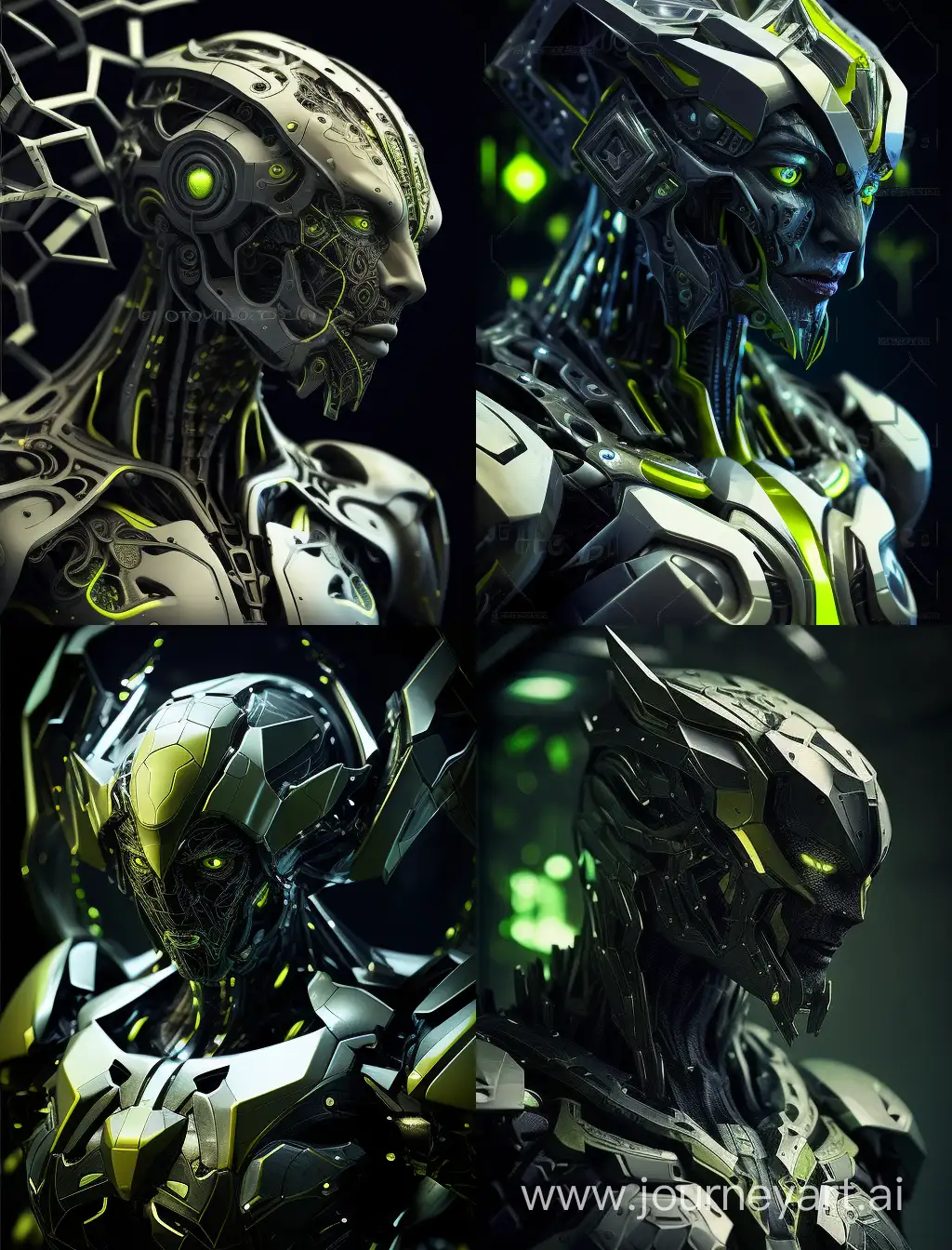 a low angle Cinematic high quality and  high resolution dynamic low angle shot of a human cybnetic black and lime hexagonal patterned bioroid super advanced mutant with a triangular like helmet and facial interface of artificial components with alien cybernetic enhancements, such as neural interfaces, robotic limbs and ocular implants  using a lap top with vibrant contemporary background or other bioroids  , mid journey volumetric lighting, hyper-realistic,  photorealistic, cinematography,ultra realism,Volumetric lighting casts dramatic shadows, enhancing the ultra-realistic cinematography