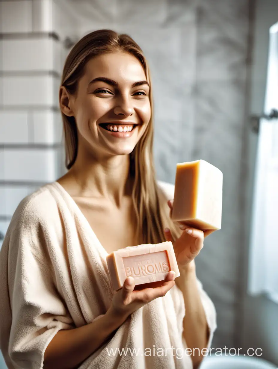 A young beautiful woman holds handmade soap in her hands and smiles. In the background, a bathroom.