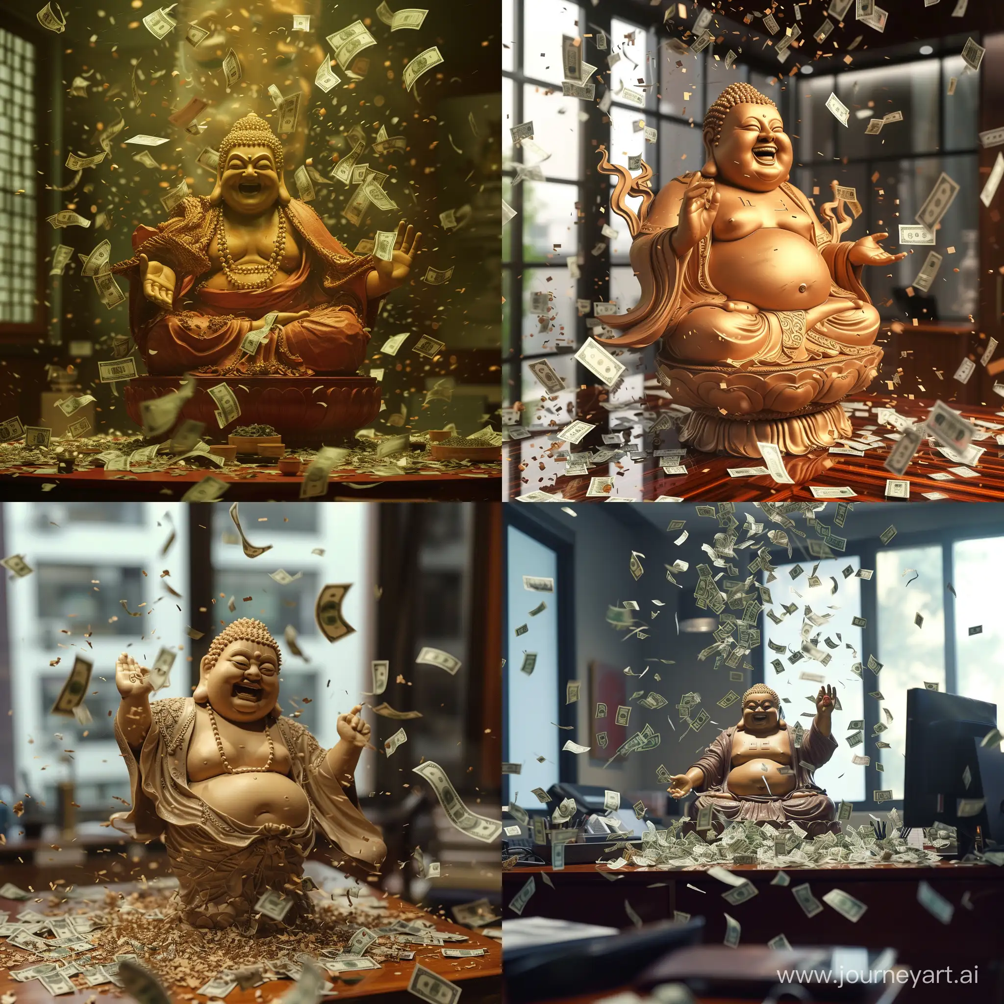 Maitreya Buddha image, loud laughter, money flying everywhere, office scene