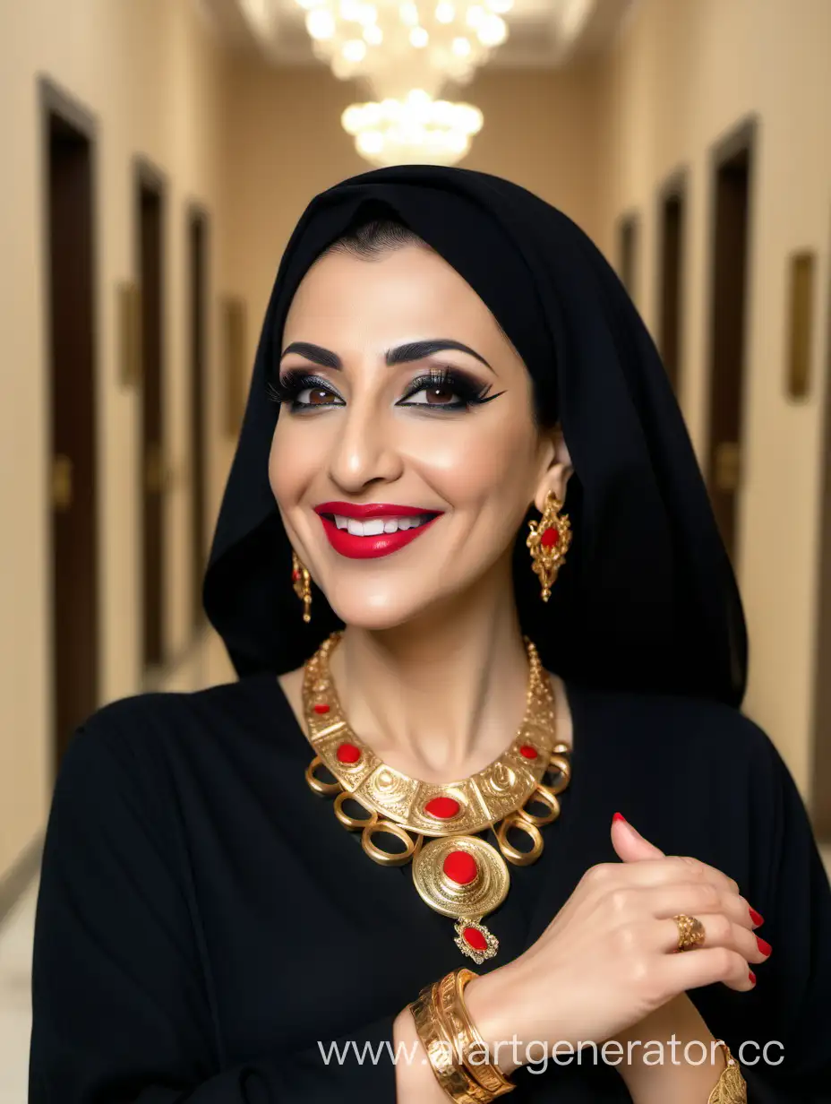 a smiling beautiful middle aged arab woman in a black abaya with make up, red lips, long eye lashes, golden necklace, golden bracelets, golden rings, golden earrings. she is standing in the hallway of a palace