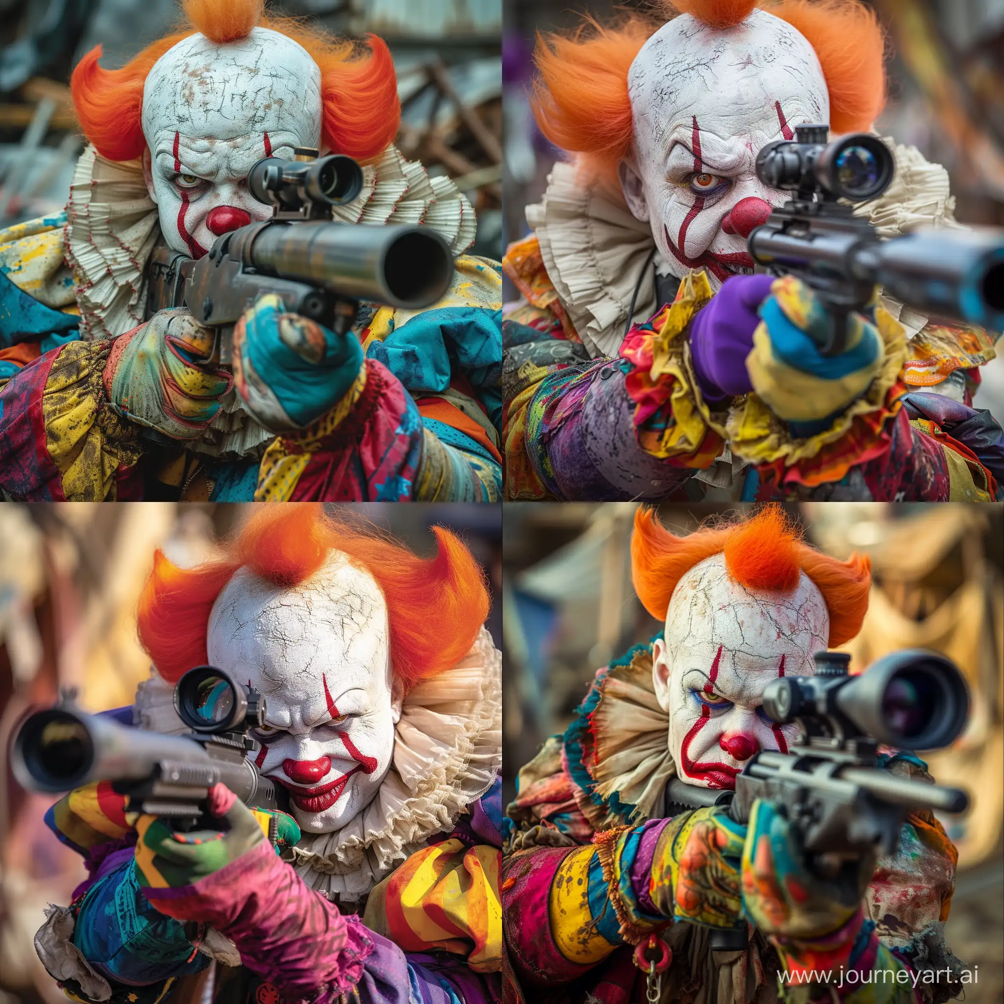 close-up of a person dressed as a clown holding what appears to be a firearm with an attached scope. The clown makeup features exaggerated red lips, a white face, and a balding head with tufts of orange hair on either side. He wears colorful costumes and gloves. The expression on the clown's face is menacing, blended with a hint of madness, which is in stark contrast to the typically joyful and humorous association with clowns. The setting seems to be chaotic, with a blurred background that gives the impression of a disordered or post-apocalyptic environment.