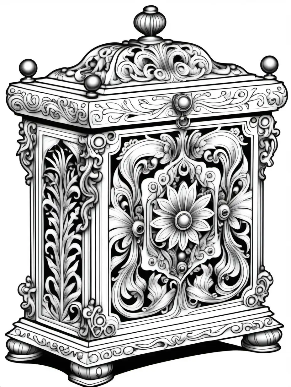 ornate music box coloring book, black and white, no shading, no background, thick black outline