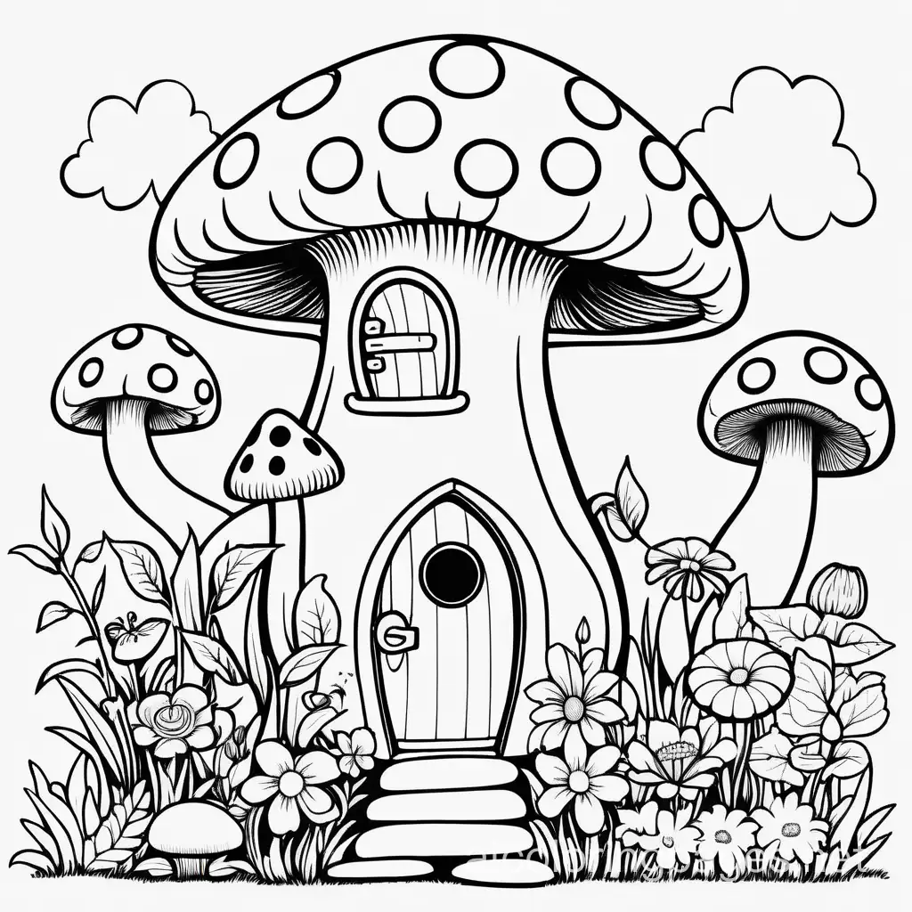 Illustrate a hippy style fairy with mushroom house in a flower garden coloring page, Coloring Page, black and white, line art, white background, Simplicity, Ample White Space. The background of the coloring page is plain white to make it easy for young children to color within the lines. The outlines of all the subjects are easy to distinguish, making it simple for kids to color without too much difficulty