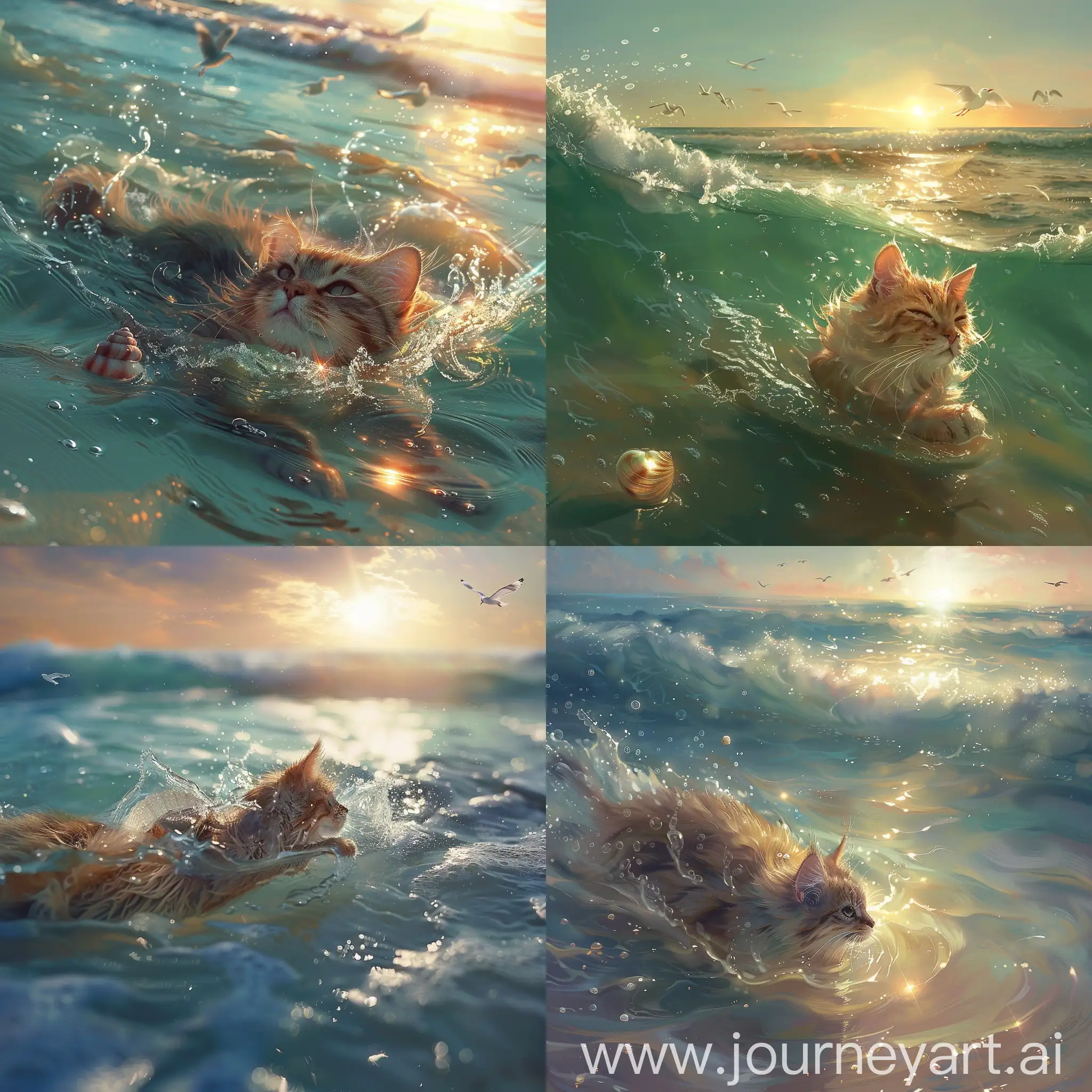 Feline-Adventure-Beach-Cat-Discovers-Seashell-and-Dives-into-Sunset-Swim