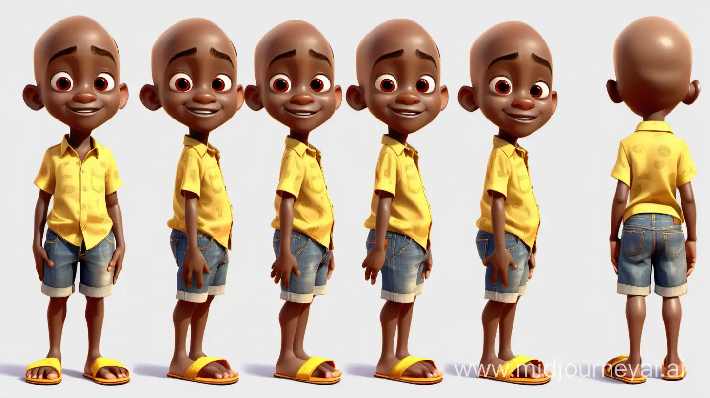 Pixar style little  9 years old short African boy , bald yellow shirt jean shorts flip flops , different poses different angles different expressions  character sheet , front back rear view side 360 no background