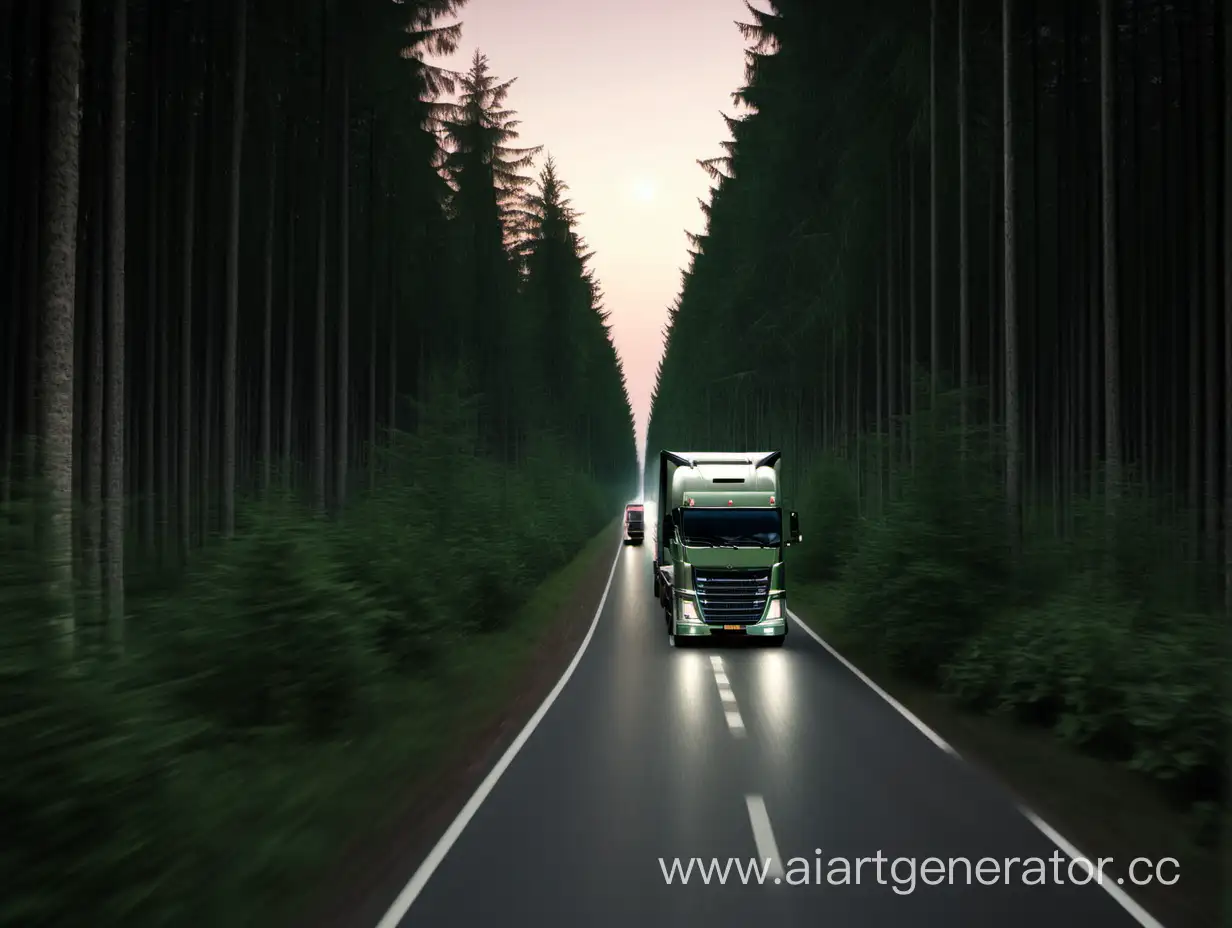 Evening-Drive-LongHaul-Truck-Journeying-Through-Forest