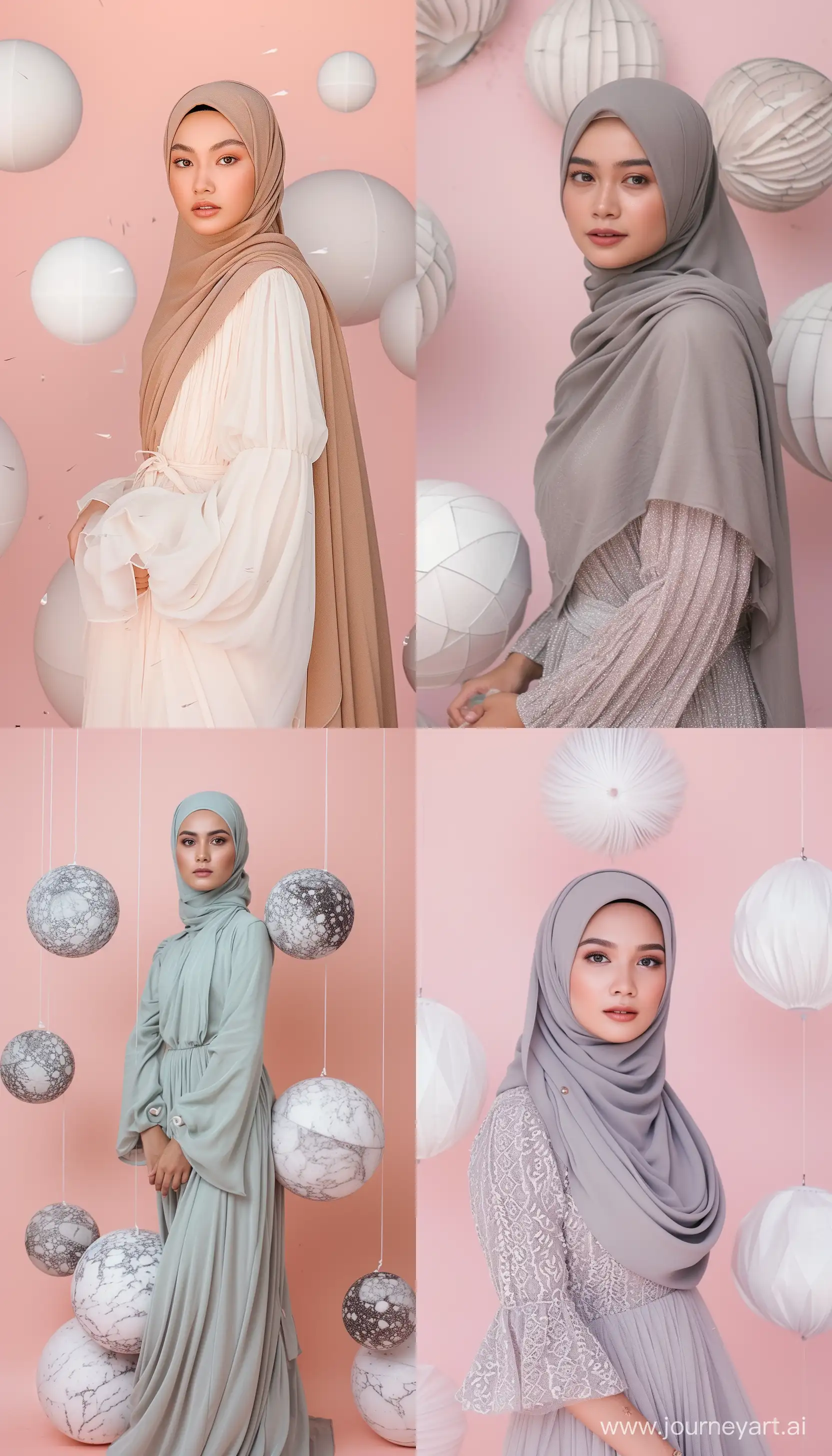 Stunning young Indonesian woman wearing hijab dress standing against group of divided spheres, pale pink background, high quality photography, full shot  --ar 4:7 --v 6