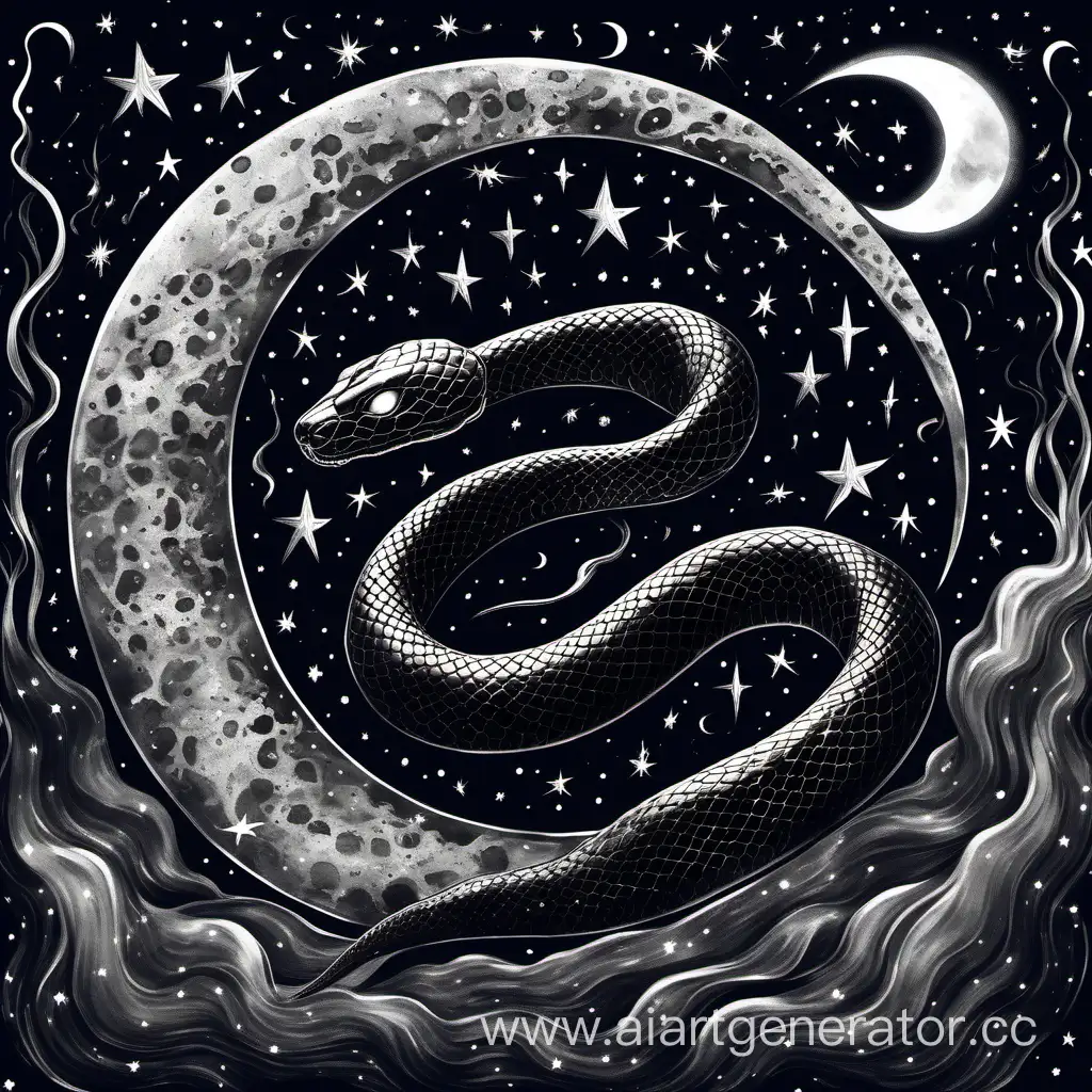 черная змея с  ползет по серебряной луне среди звездного неба