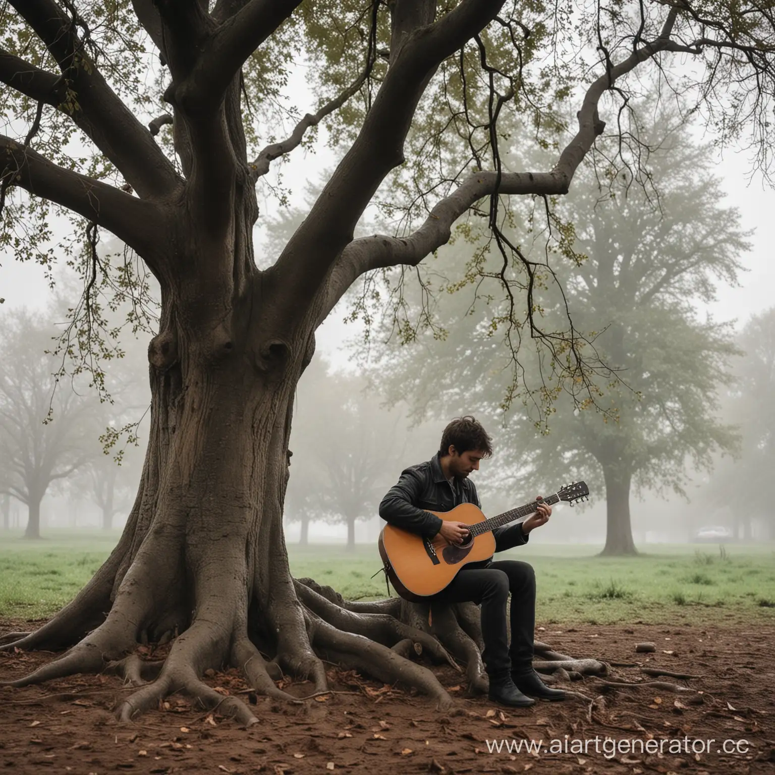 Lone-Guitarist-Performing-in-a-Serene-Park-on-a-Cloudy-Day