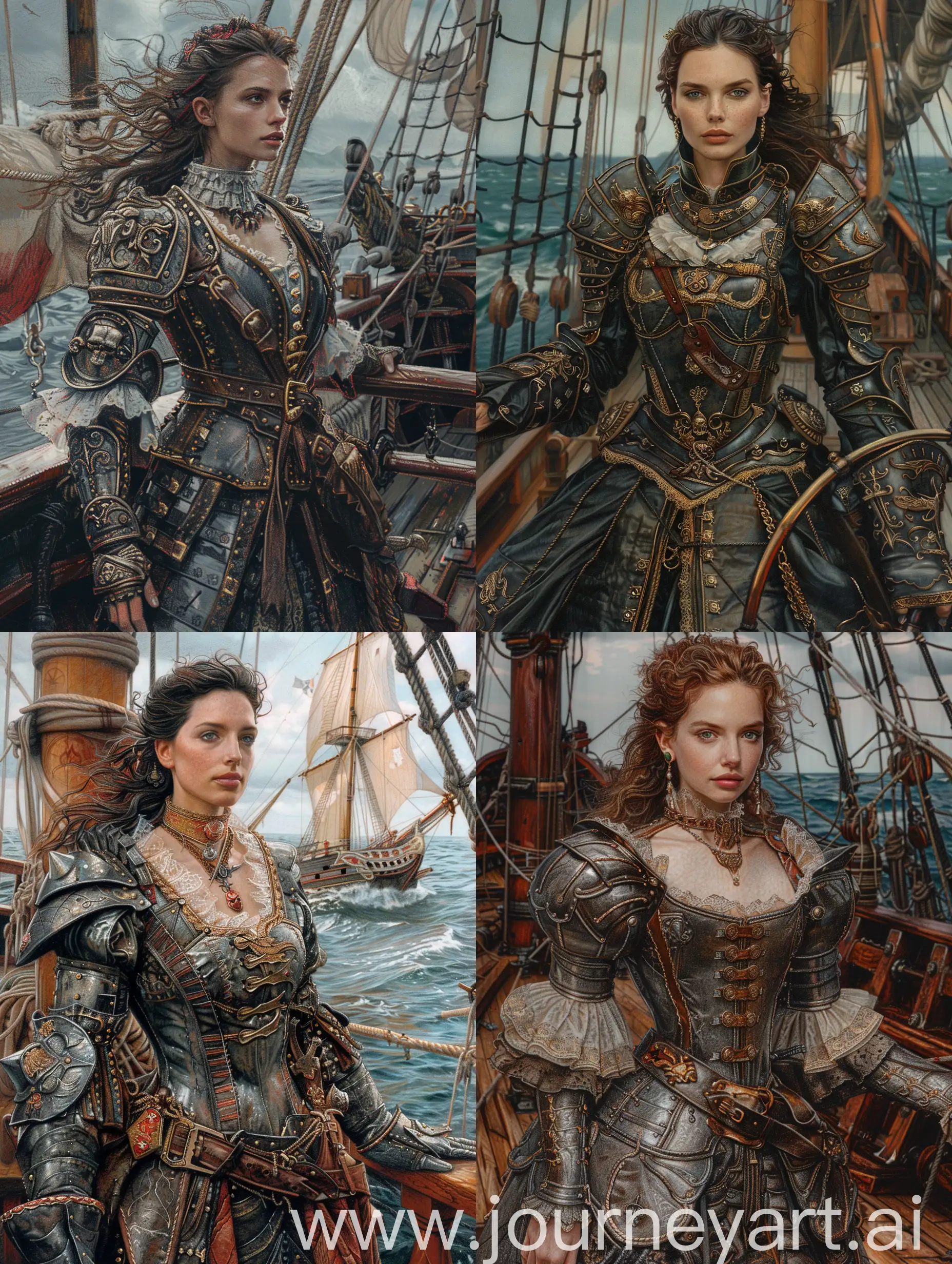 freehand colored pencil drawing flat color fantasy rpg full body pirat-queen in armored dress in sailing frigate standing aboard oil painting by Keith Parkinson style, style high detailing, exclusive details, prime, high quality, ultra detailing, dramatic lighting, photorealistic, photorealism, ray traicing, --ar 3:4 --style raw --s 200 --v 6