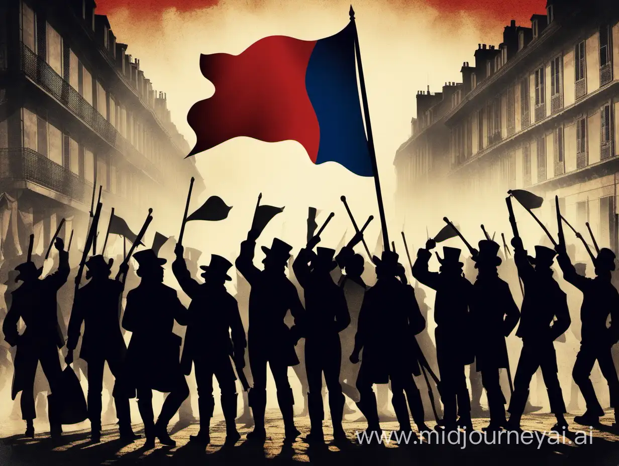 Silhouette of Working Class Revolutionaries with Flag French Revolution Scene