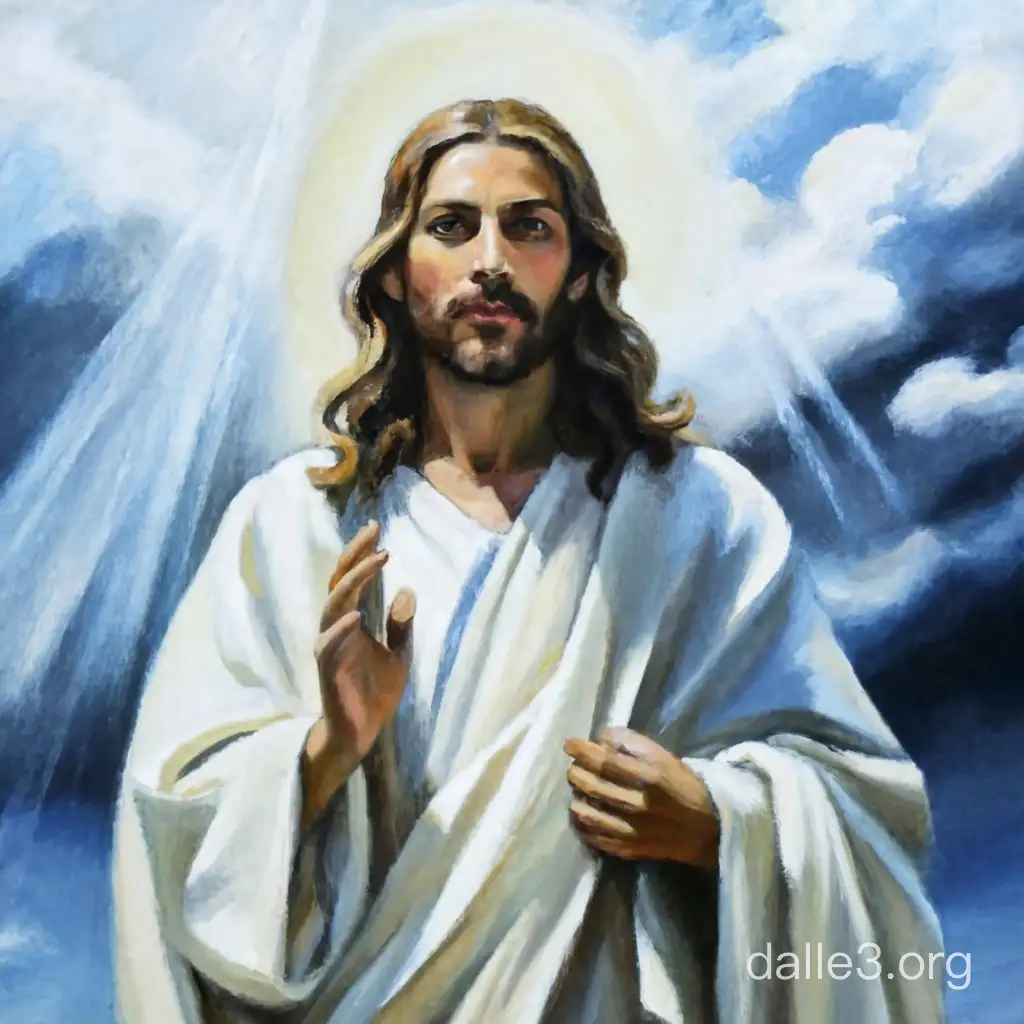 Create a realistic oil painting of Jesus Christ in a thin simple hand-woven white cloth tunic and white robe, background has white soft clouds, blue sky, sunlight rays coming through the clouds.