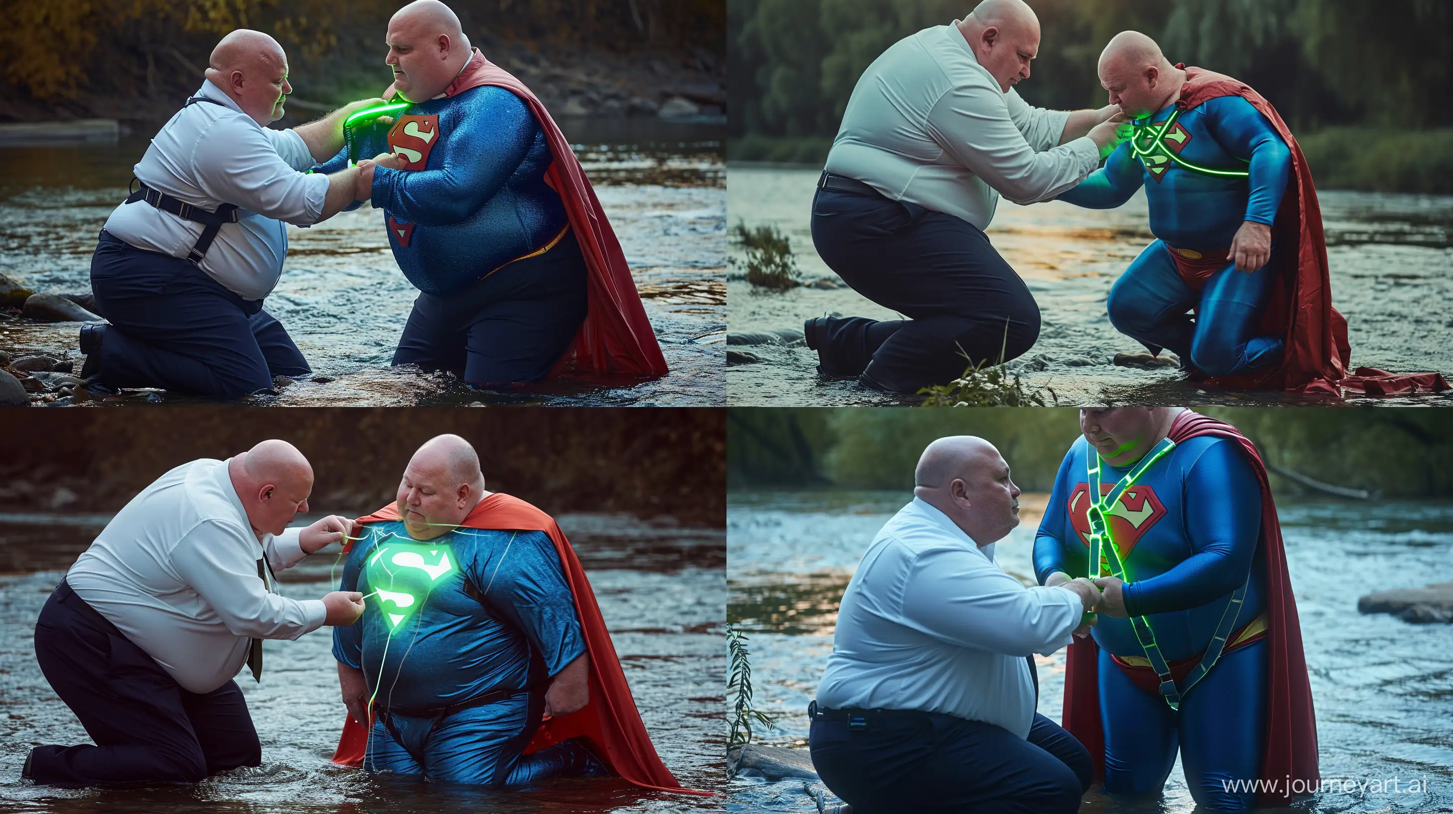Close-up photo of a chubby man aged 60 wearing navy business pants and a white shirt, kneeling and tightening a green glowing harness on the chest of another chubby man aged 60 kneeling in the water and wearing a tight blue silky superman costume with a large red cape. River Outside. Natural light. Bald. Clean Shaven. --style raw --ar 16:9 --v 6