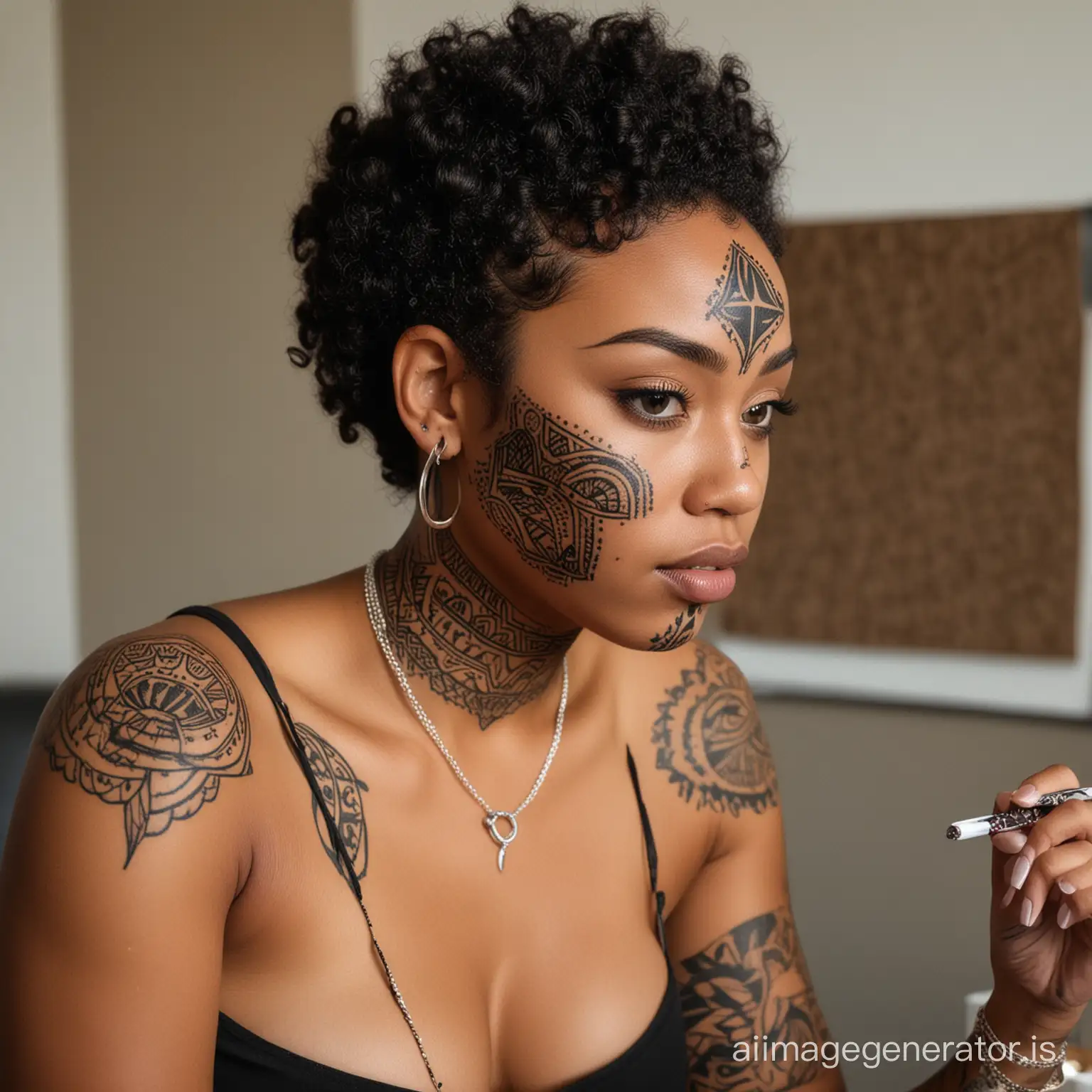 Afro-Indigenous woman wearing head and face mask doing tattoos and piercings