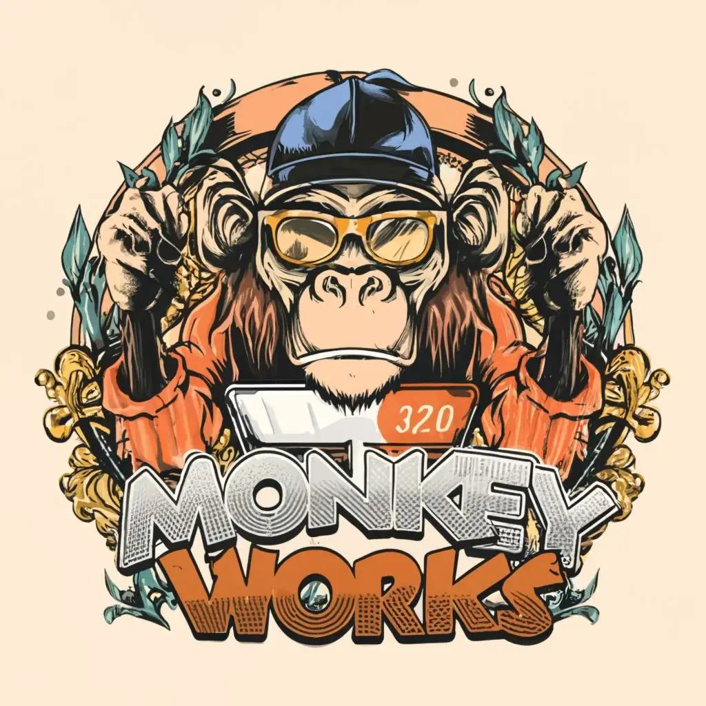 logo, graphic design monkey with glasses on and a laptop, with the text "Monkey Works", typography