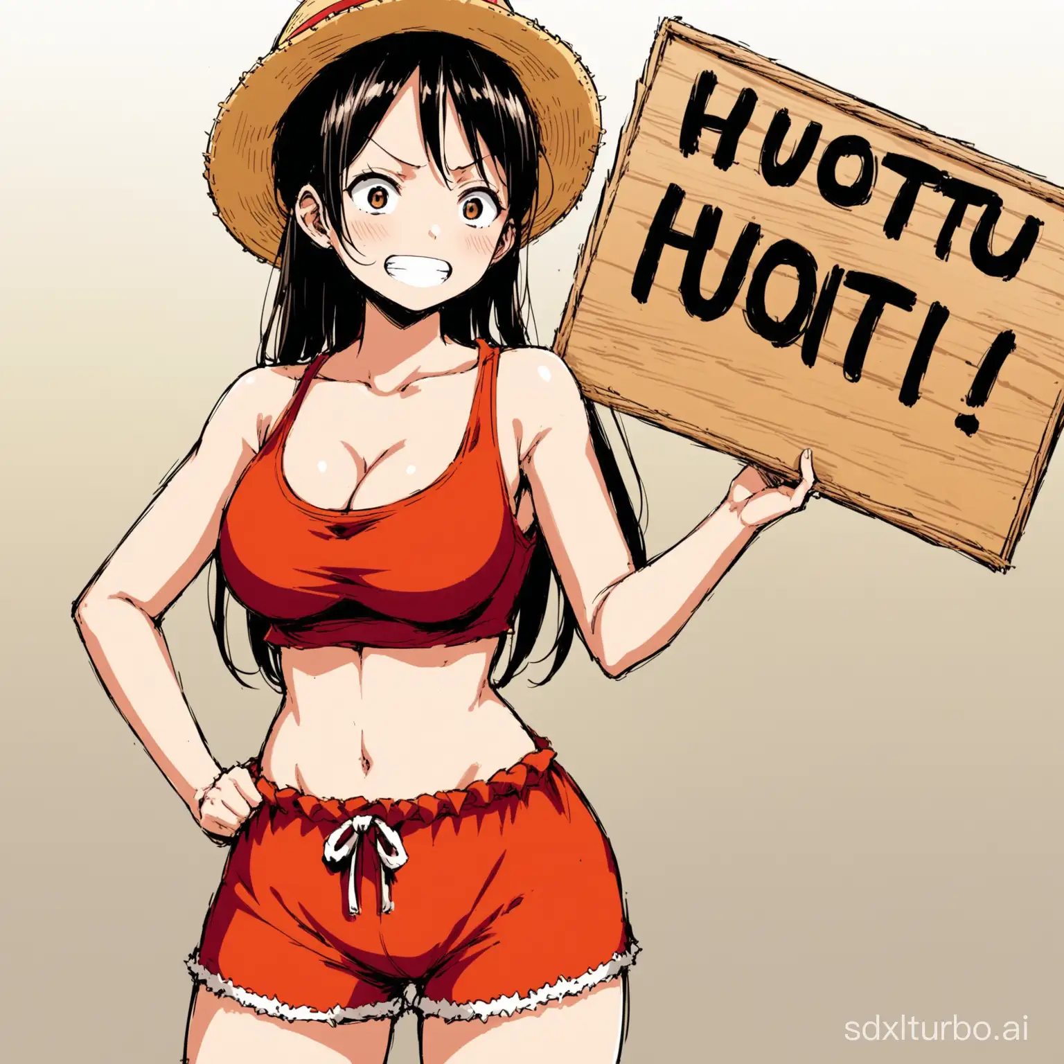 A female version of Luffy, big chest, holding a sign with the words HUOTU on it.