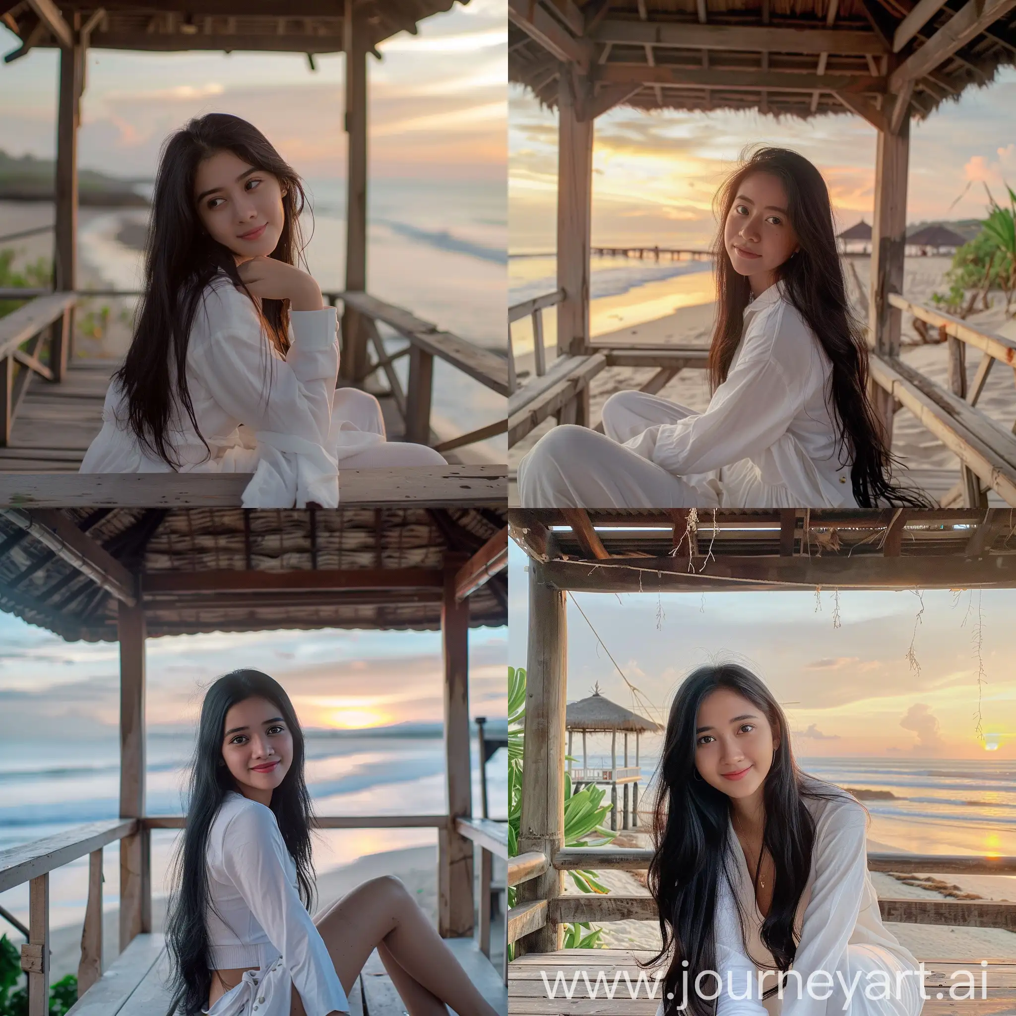 Indonesian-Girl-in-White-Casual-Clothes-on-Beach-Gazebo-at-Sunset