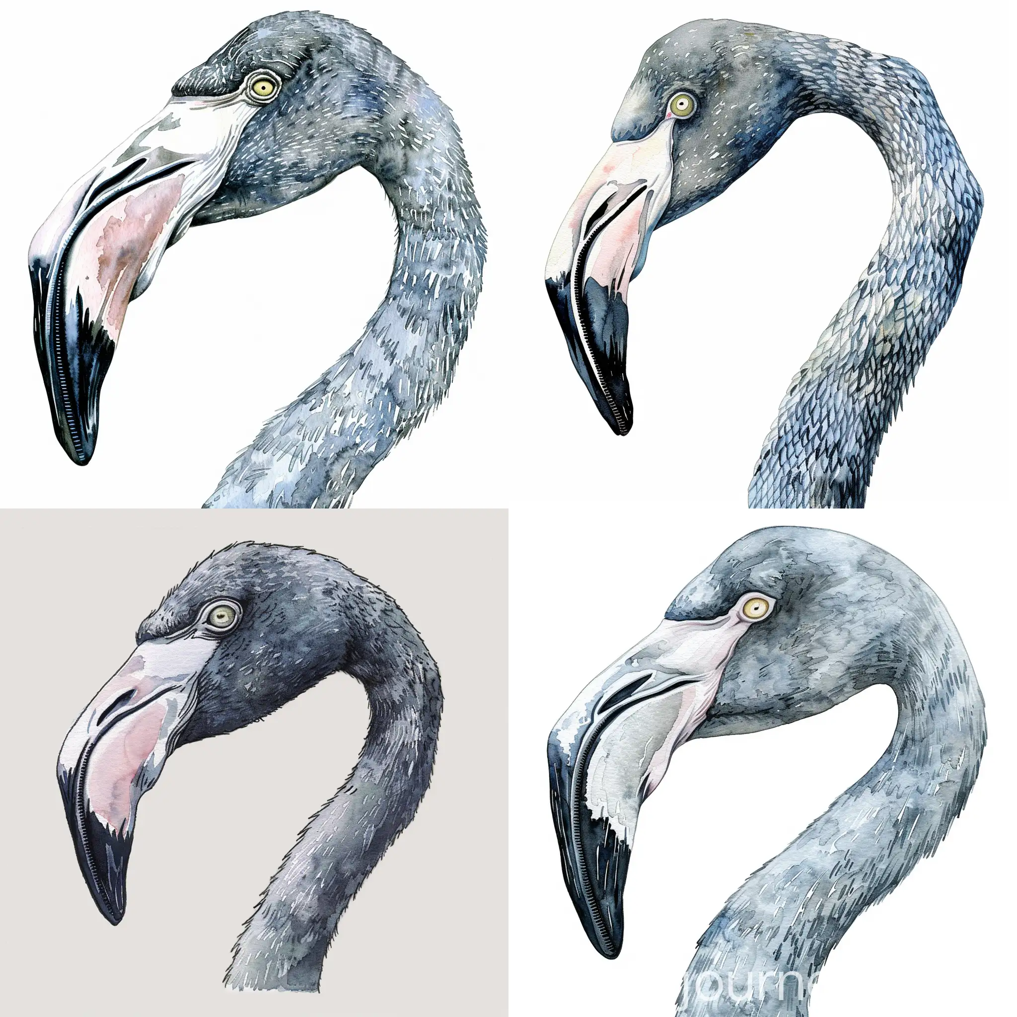a macro watercolor illustration of a grey flamingos head